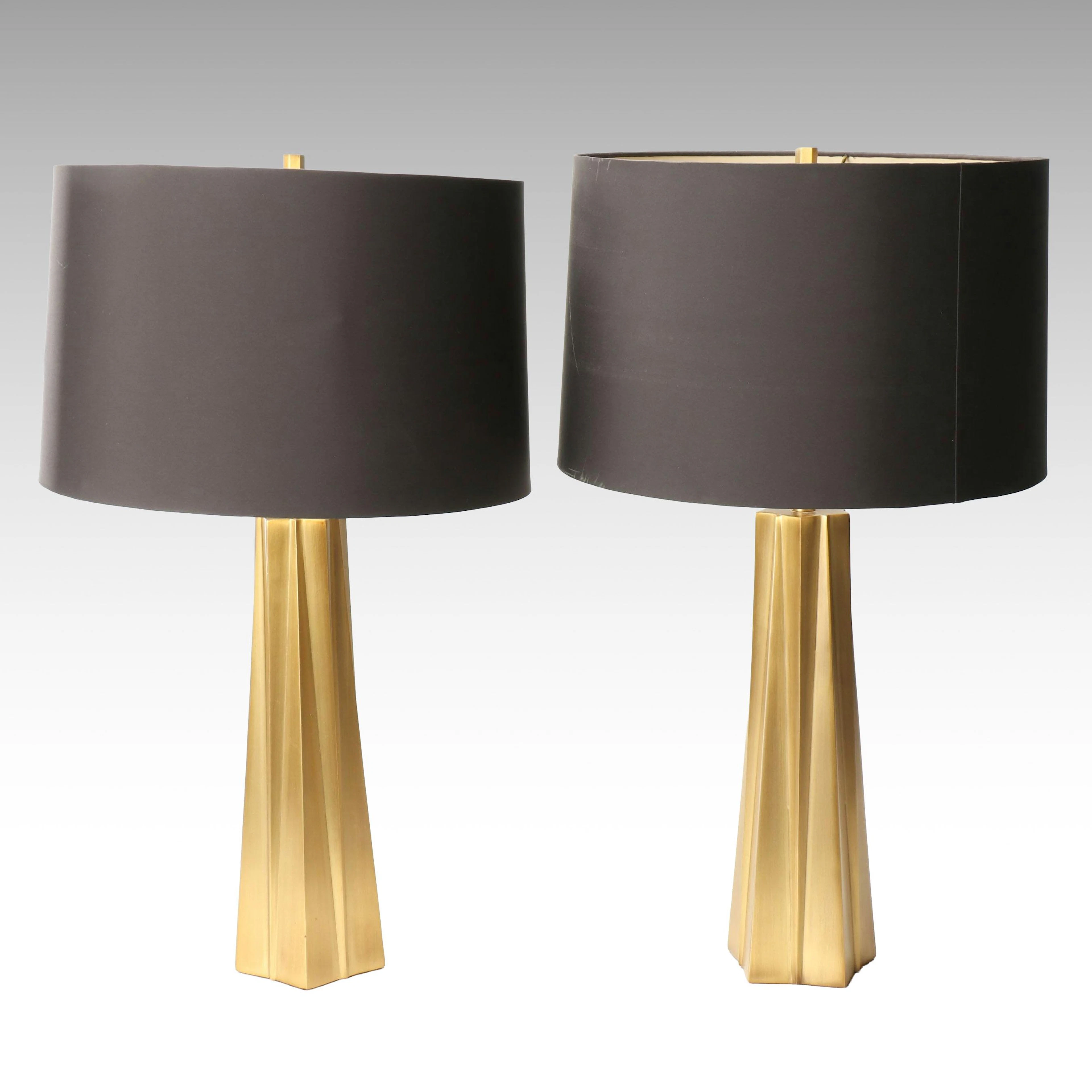 Postmodern Style Brass Table Lamps with Black Drum Shades