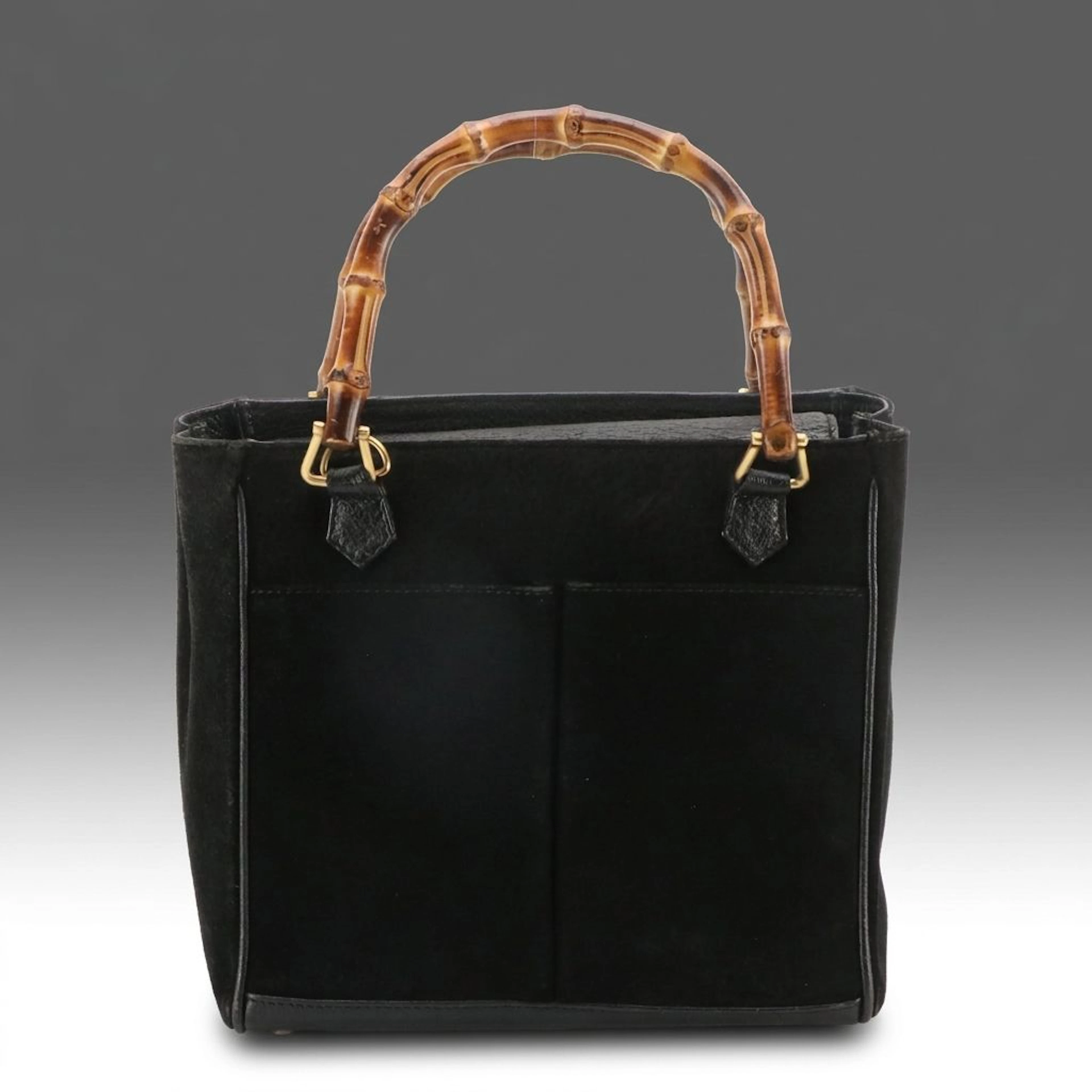 Gucci Bamboo Handle Double Pocket Tote Bag in Black Suede and Leather
