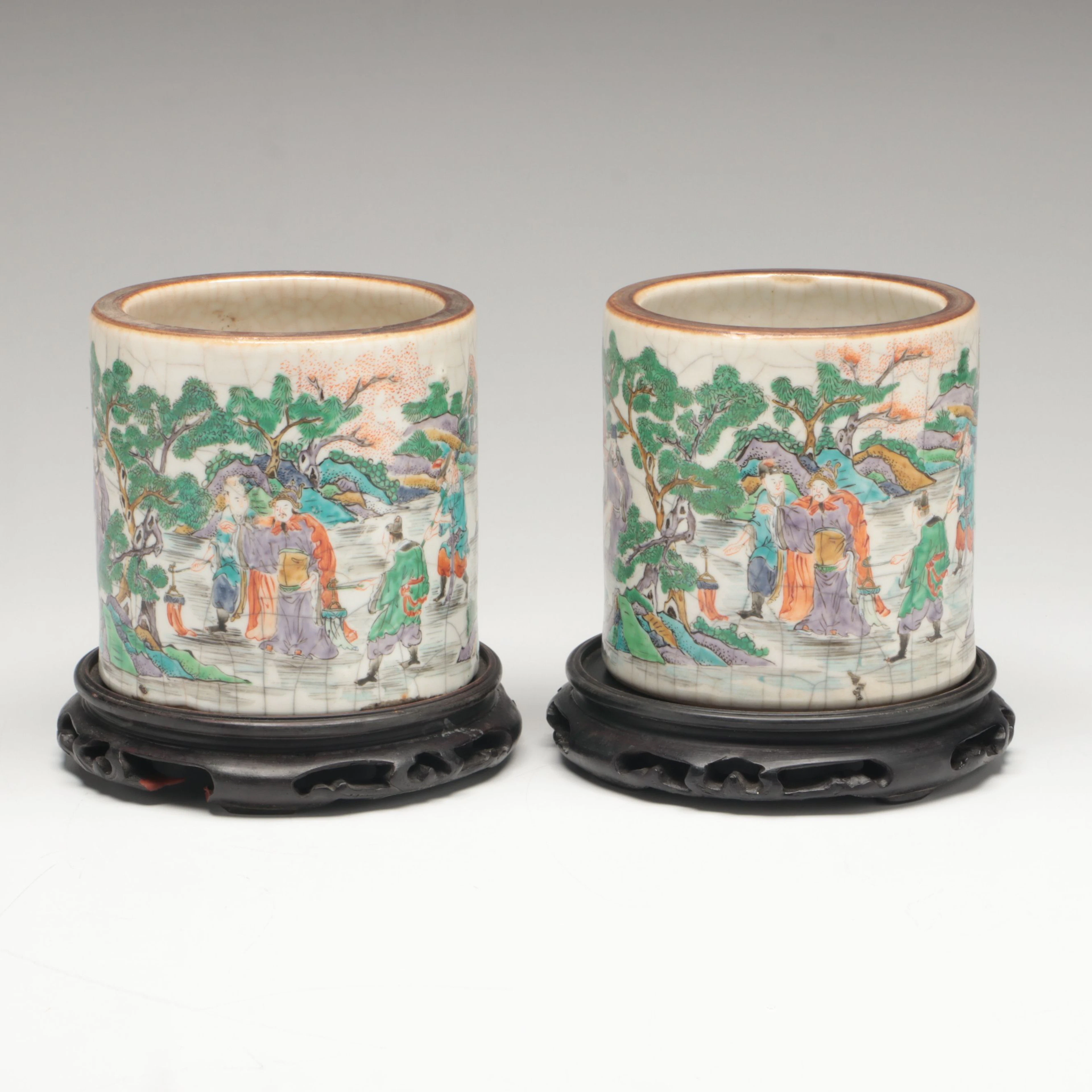Chinese Wucai Glaze Brush Pots with Carved Wood Stands