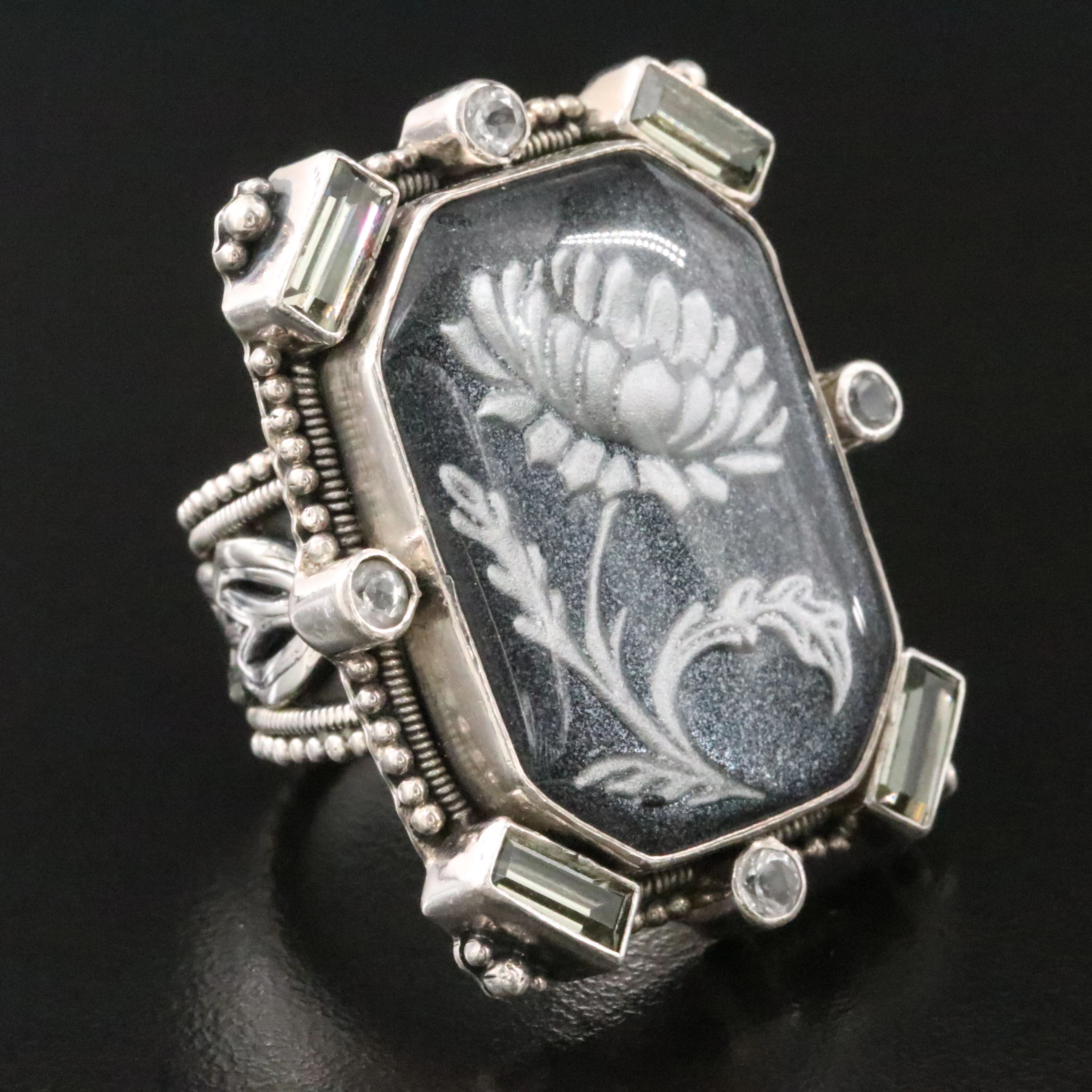 Mars and Valentine Sterling Floral Portrait Ring Including White Topaz