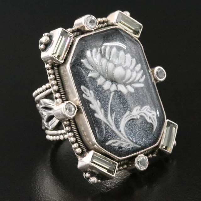 Mars and Valentine Sterling Floral Portrait Ring Including White Topaz