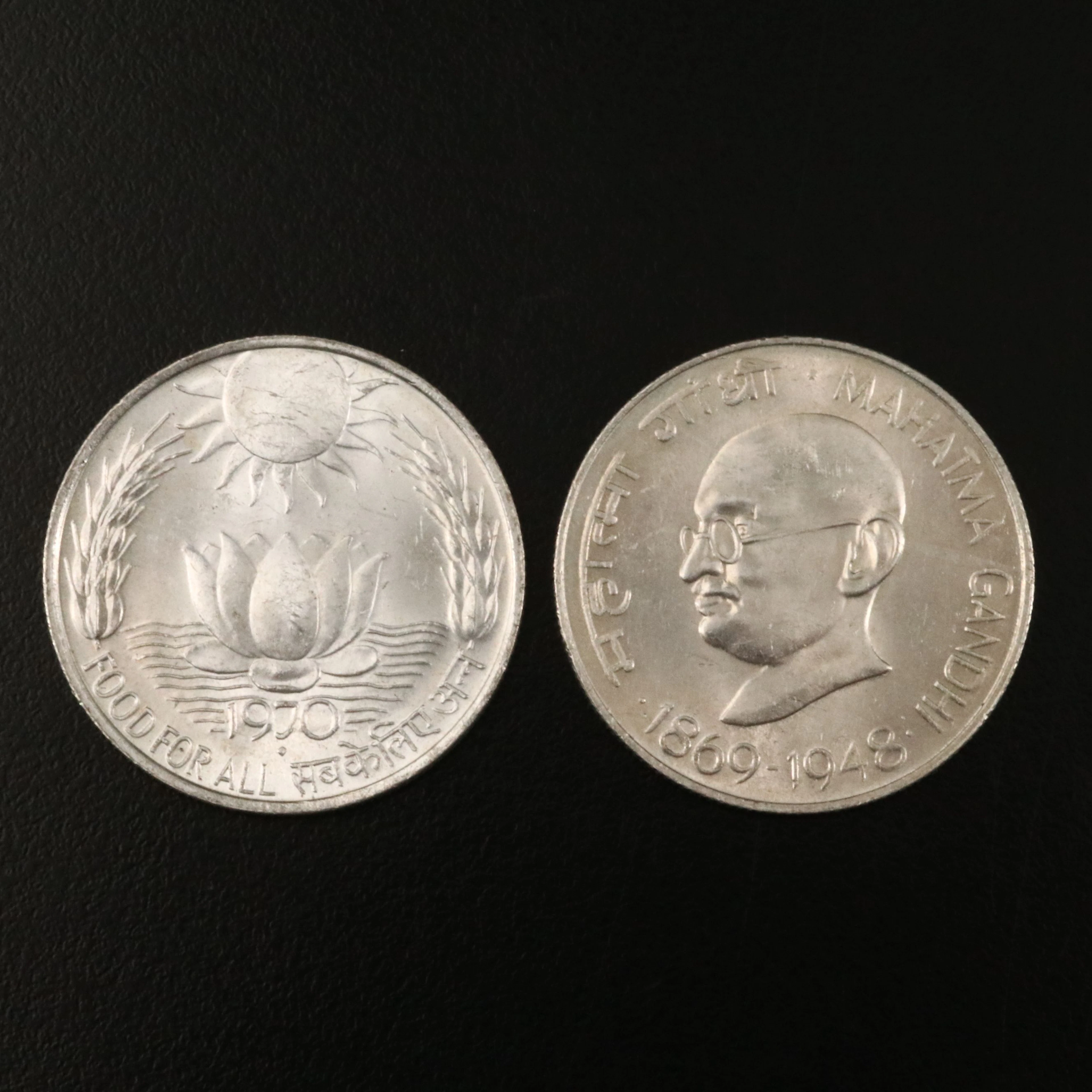 Two Indian Ten Rupee Silver Coins, 1948 and 1970