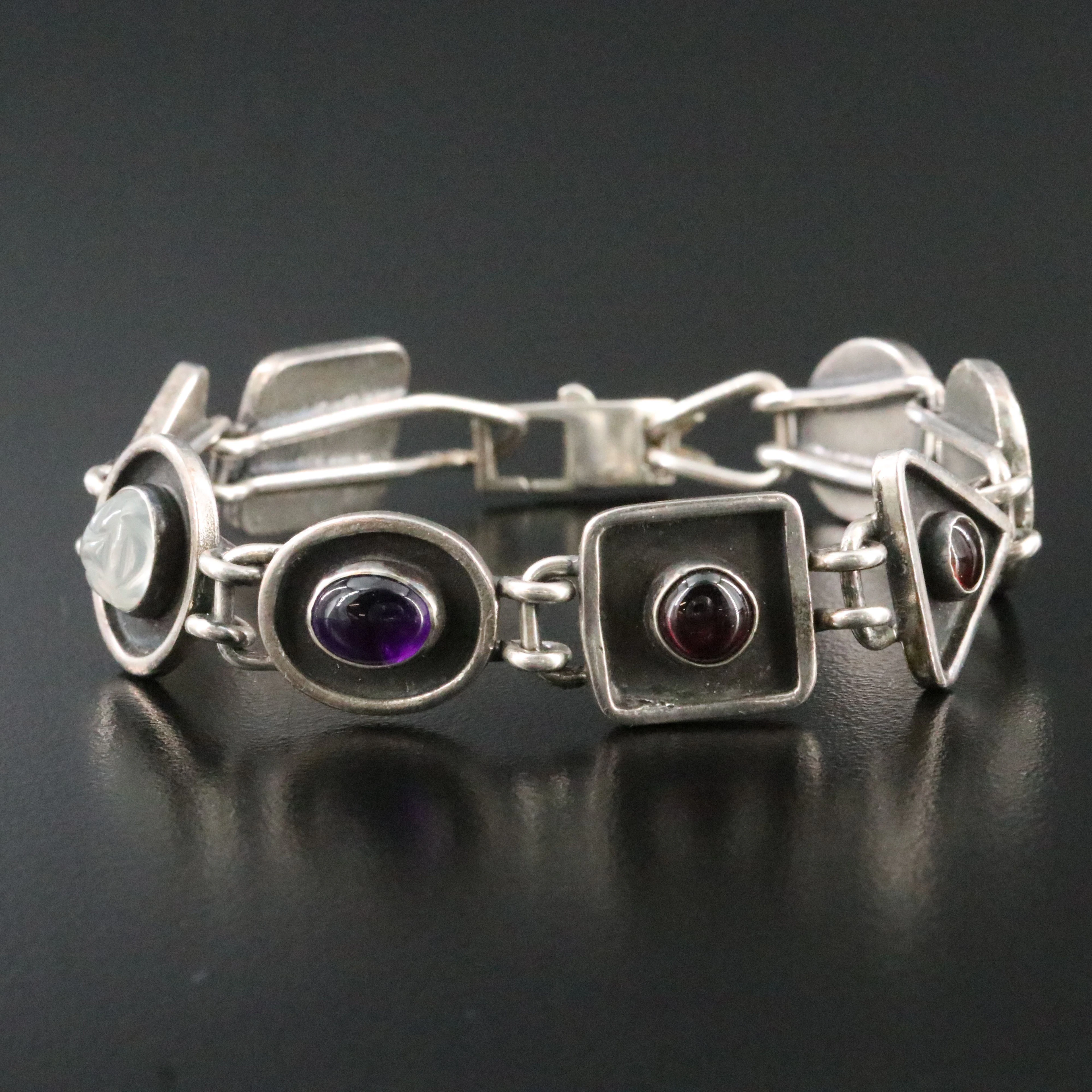 Sterling Amethyst, Rhodolite Garnet, and Moonstone Geometric Bracelet