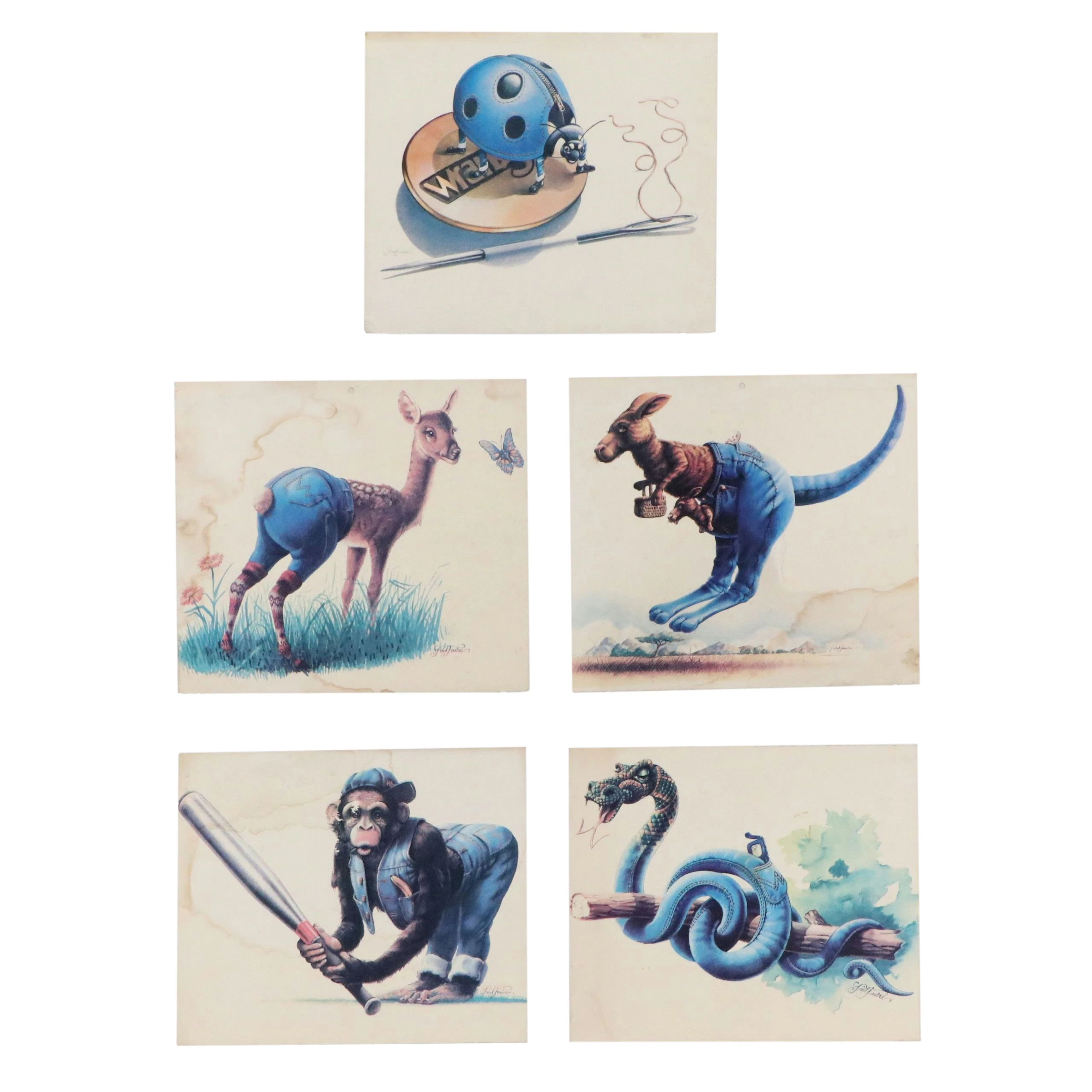 Offset Lithographs After Paul Fastre of Animals Wearing Wrangler Jeans, 1970s