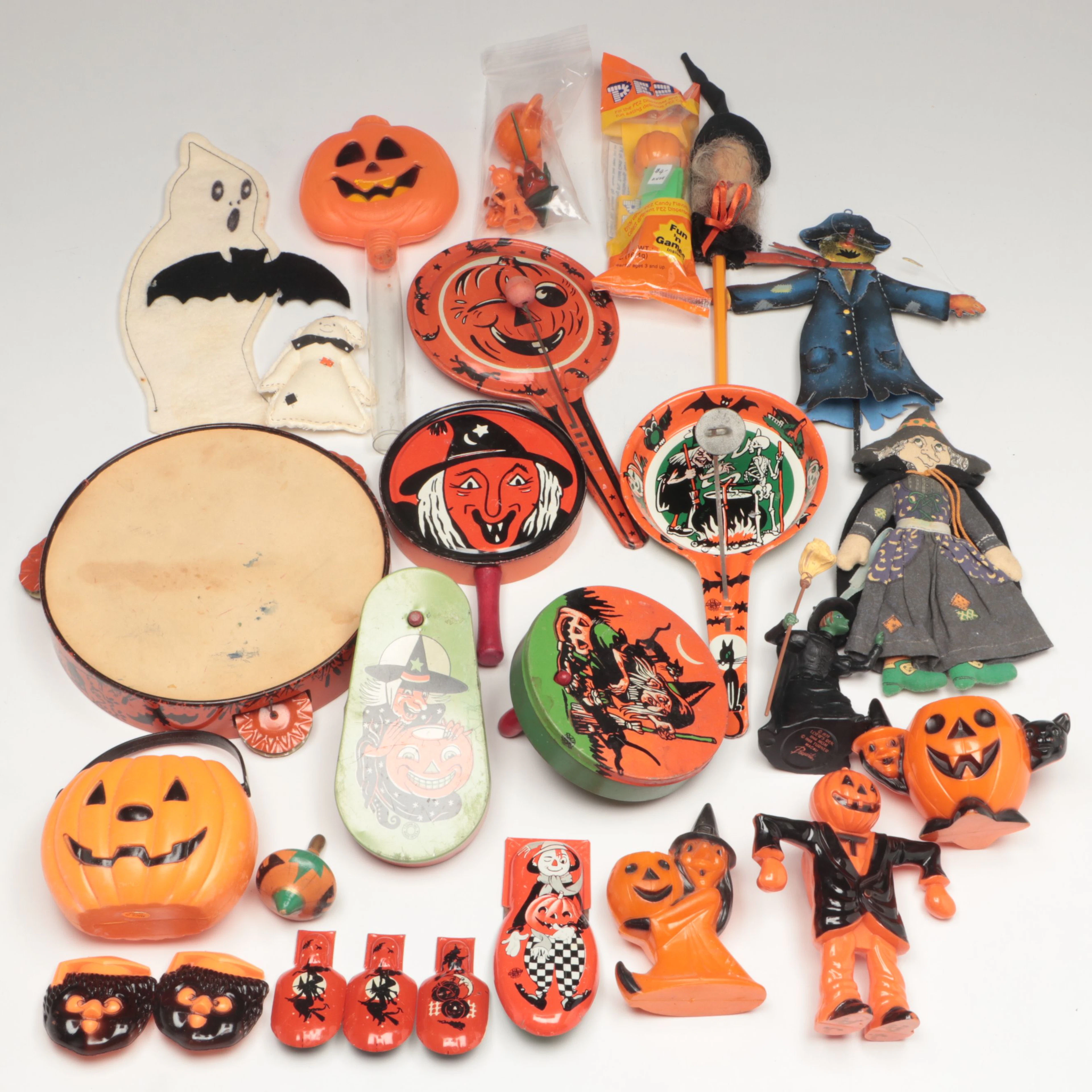 Vintage Tin Lithograph with Other Halloween Noisemakers and More, Mid-20th C.
