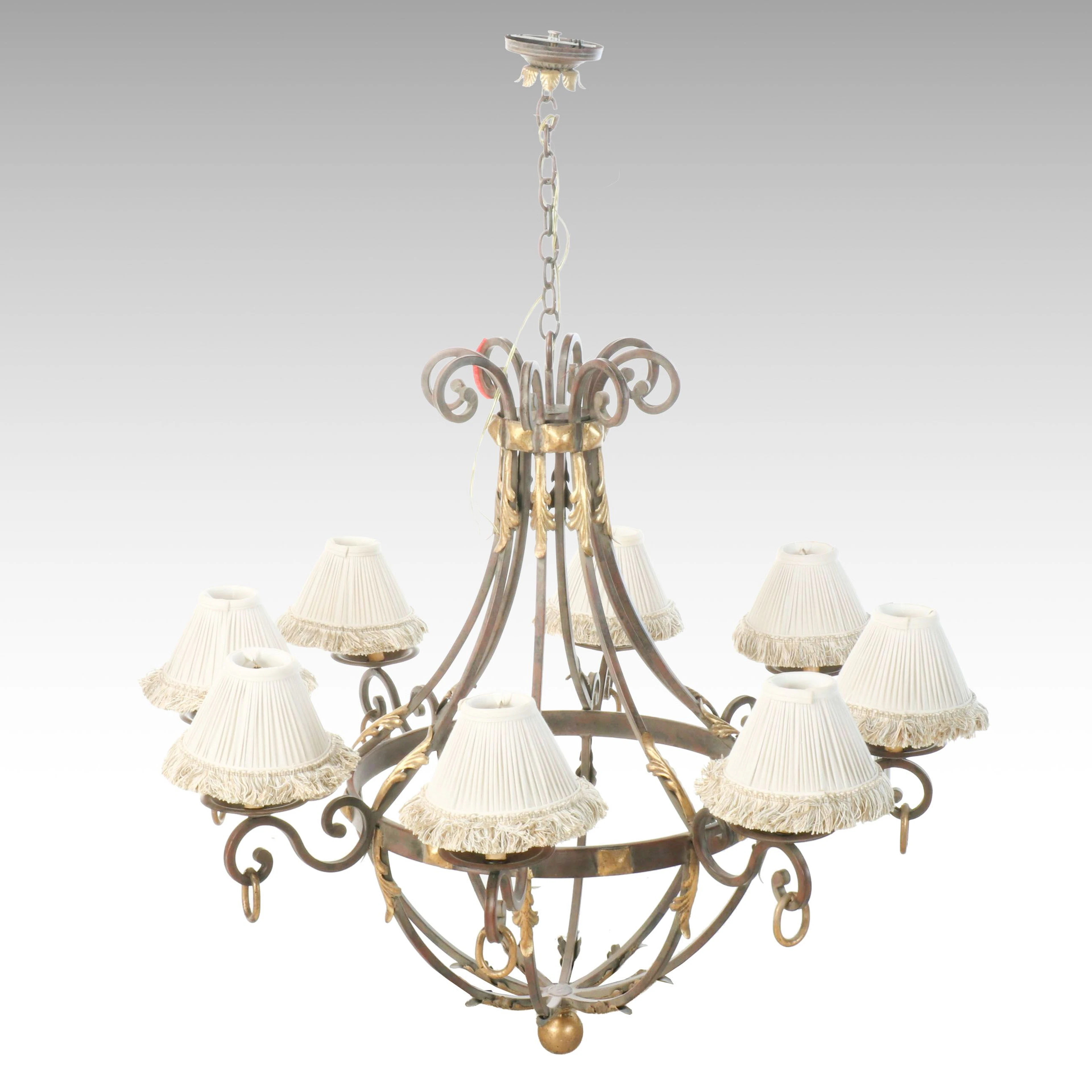 Parcel-Gilt and Iron Scrolling Eight-Arm Chandelier with Clip-on Shades