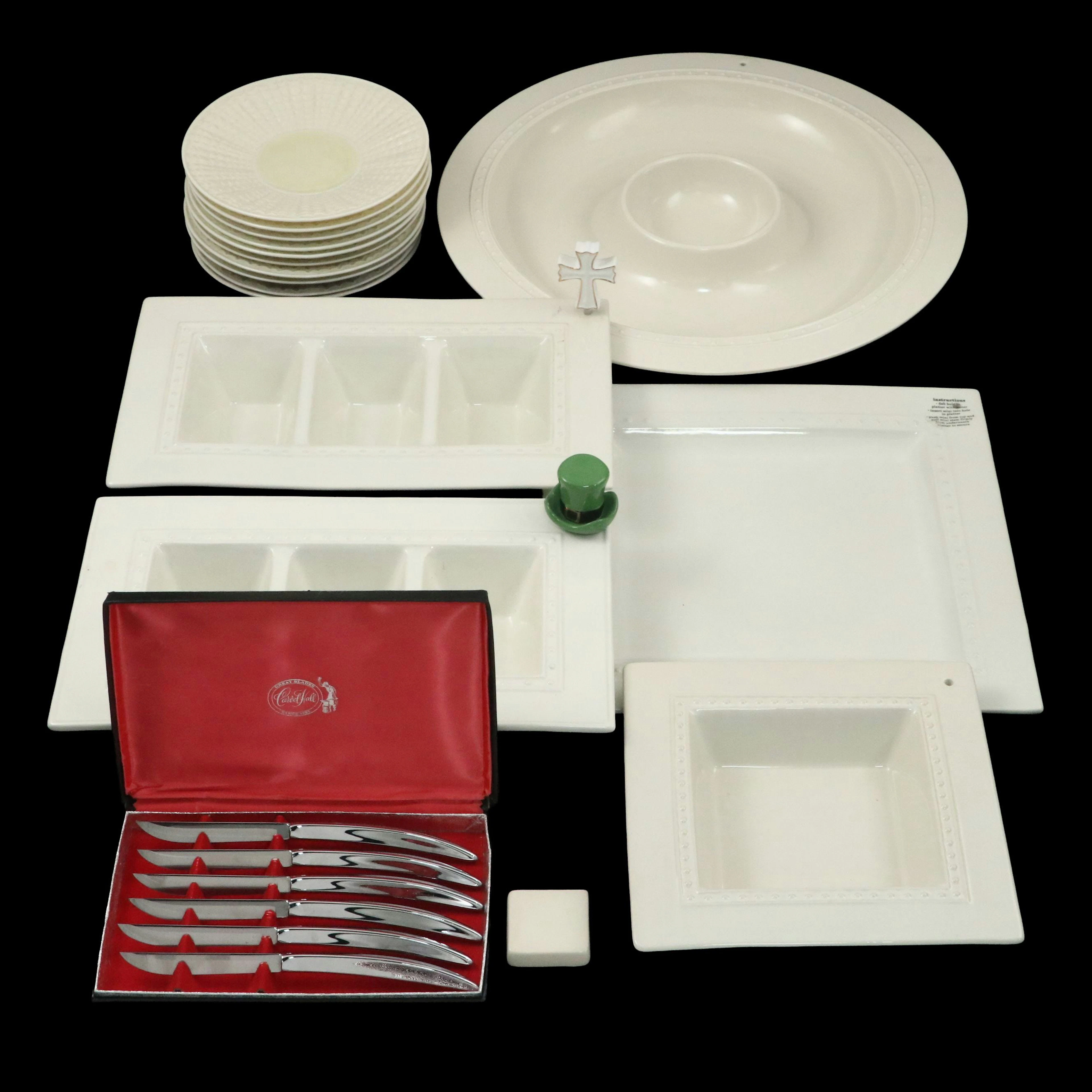 Belleek "Neptune Yellow" Plates with Nora Fleming Serveware and Steak Knives