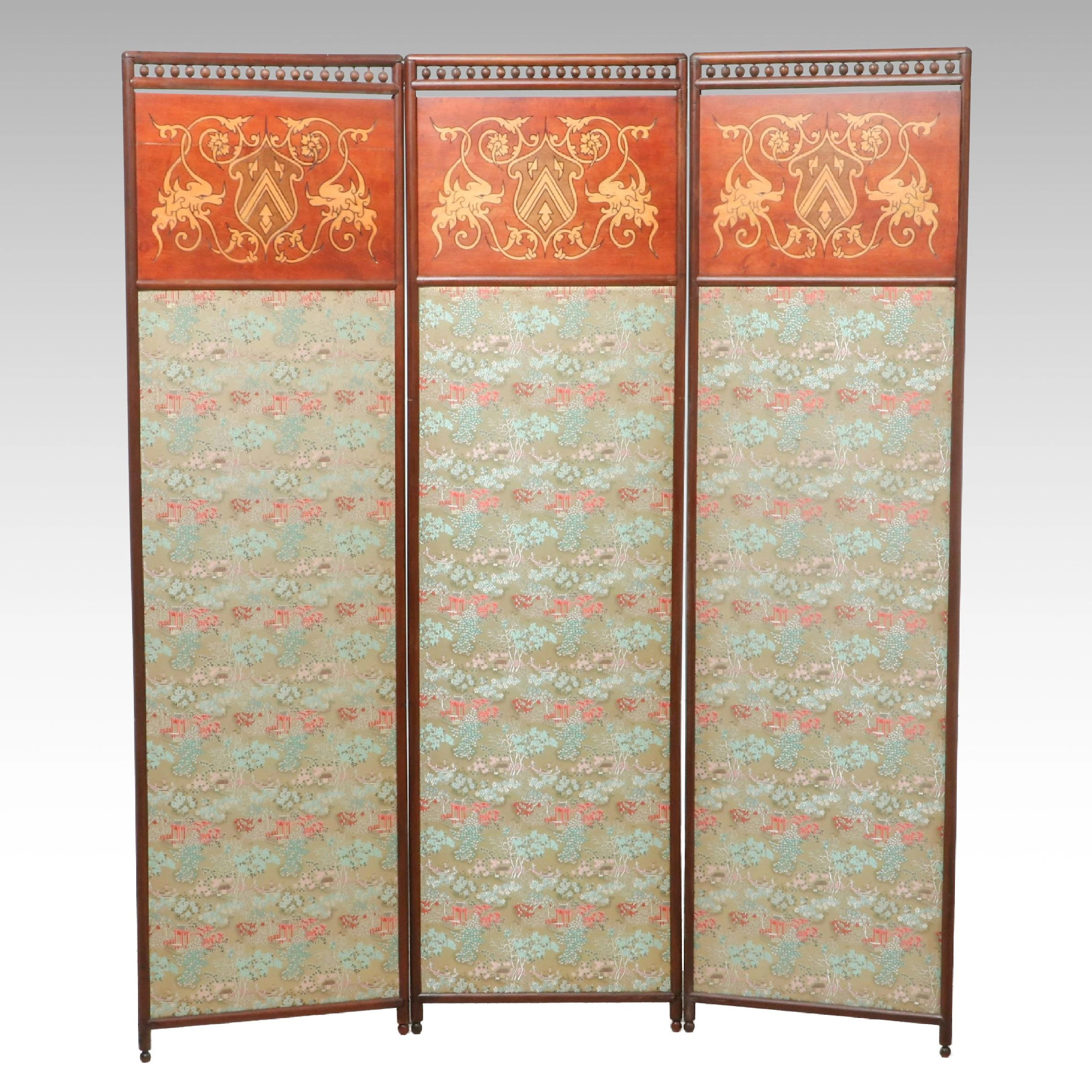 Renaissance Revival Marquetry Inlaid and Silk Damask Three-Panel Folding Screen