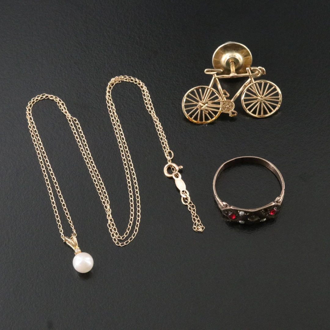 14K Michael Anthony Bicycle Pin, Pearl and Diamond Necklace & Victorian Ring
