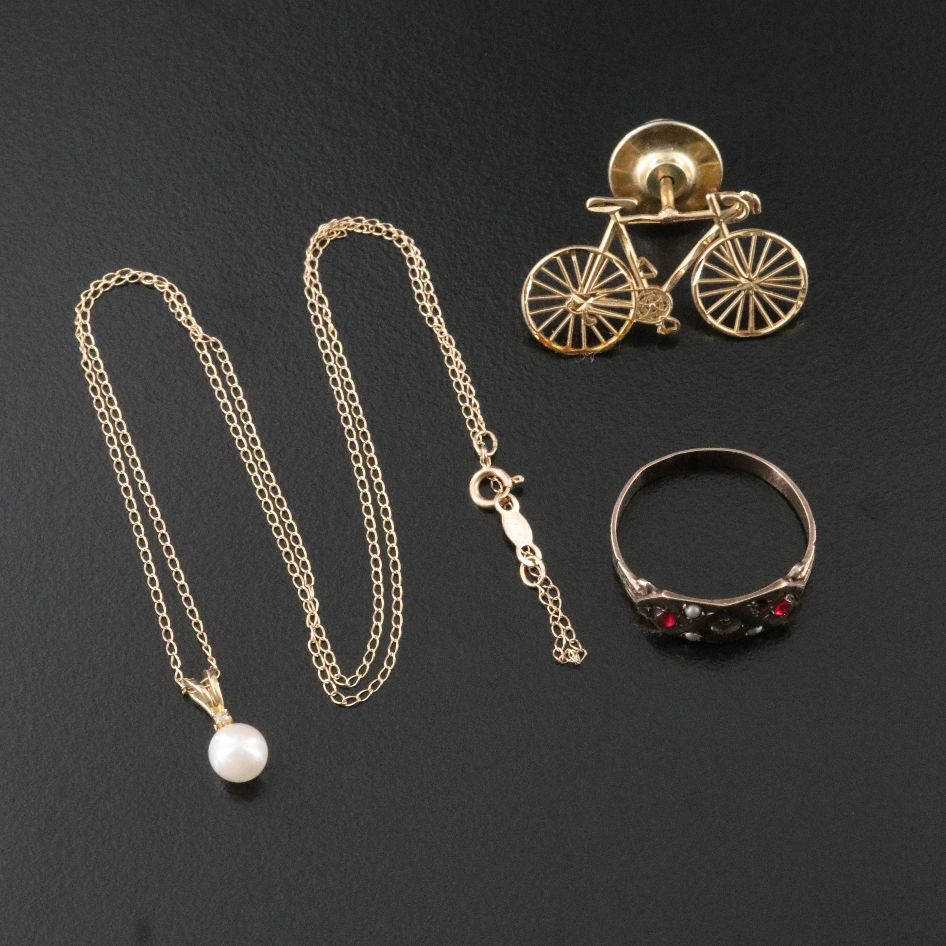 14K Michael Anthony Bicycle Pin, Pearl and Diamond Necklace & Victorian Ring