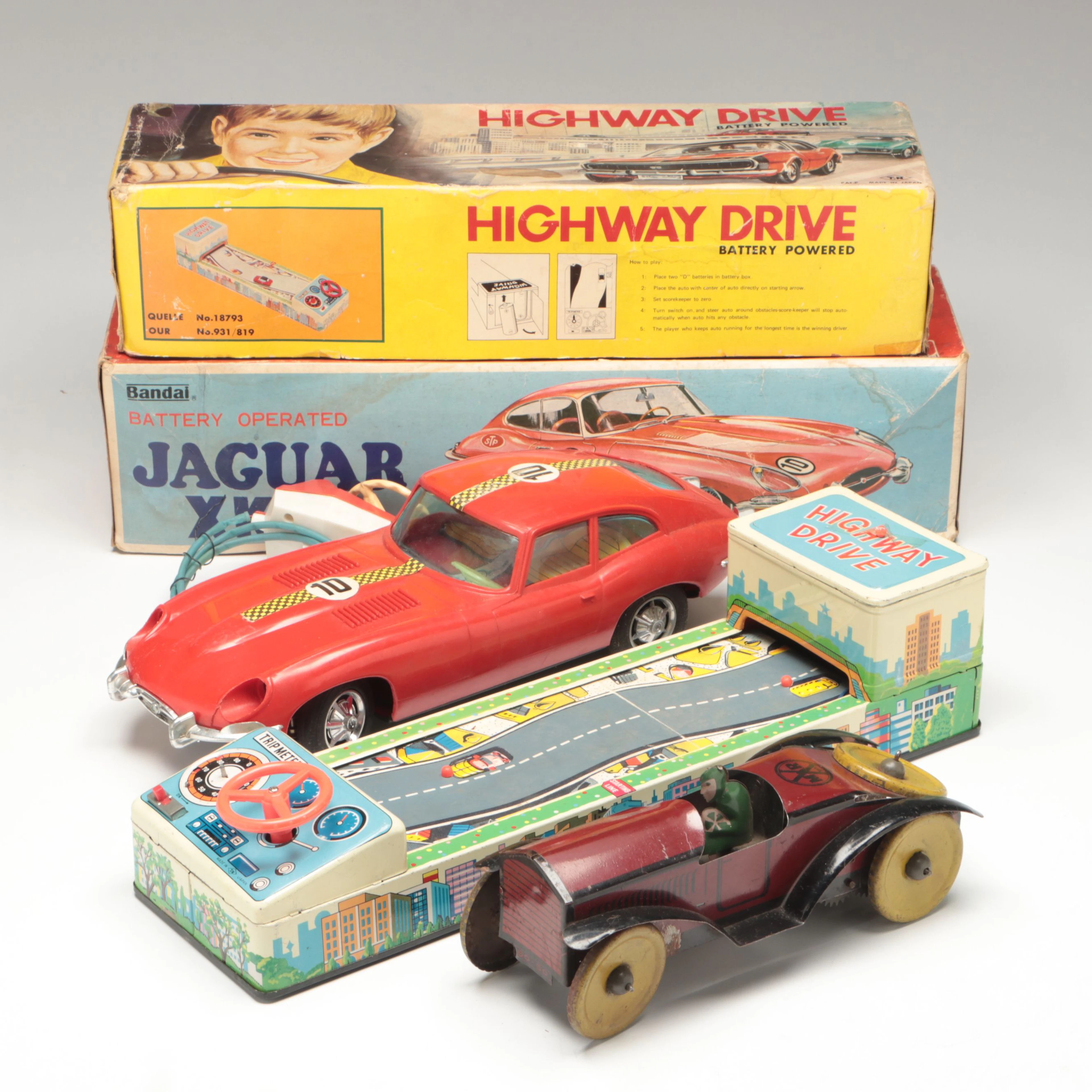 Marx Tin Litho Wind-Up Car with TN Nomura "Highway Drive" and Other Toys