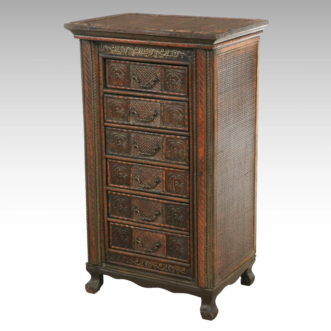 British Colonial Style Wicker Rattan and Wood Tallboy Chest of Drawers