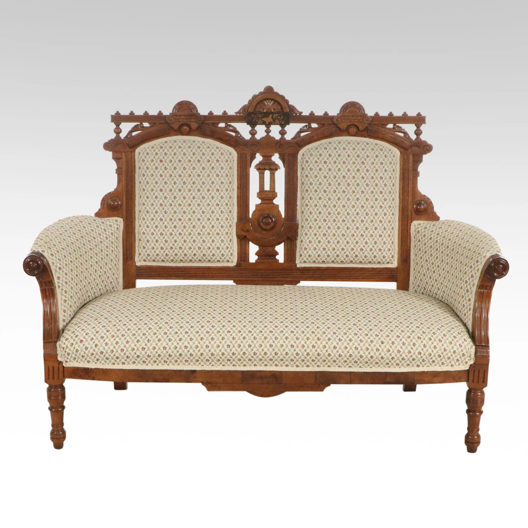 Eastlake Carved Walnut Upholstered Settee, Late 19th Century