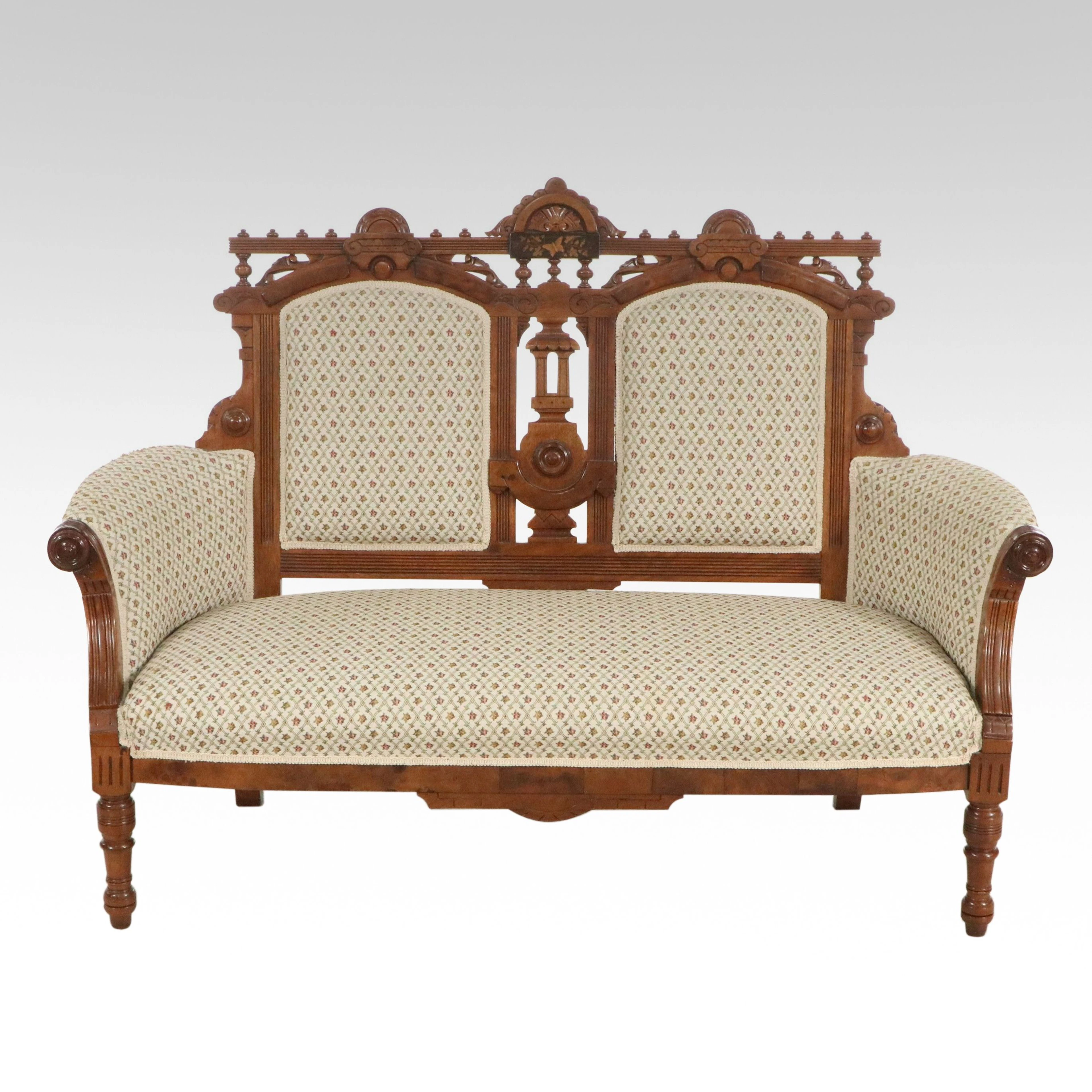 Eastlake Carved Walnut Upholstered Settee, Late 19th Century