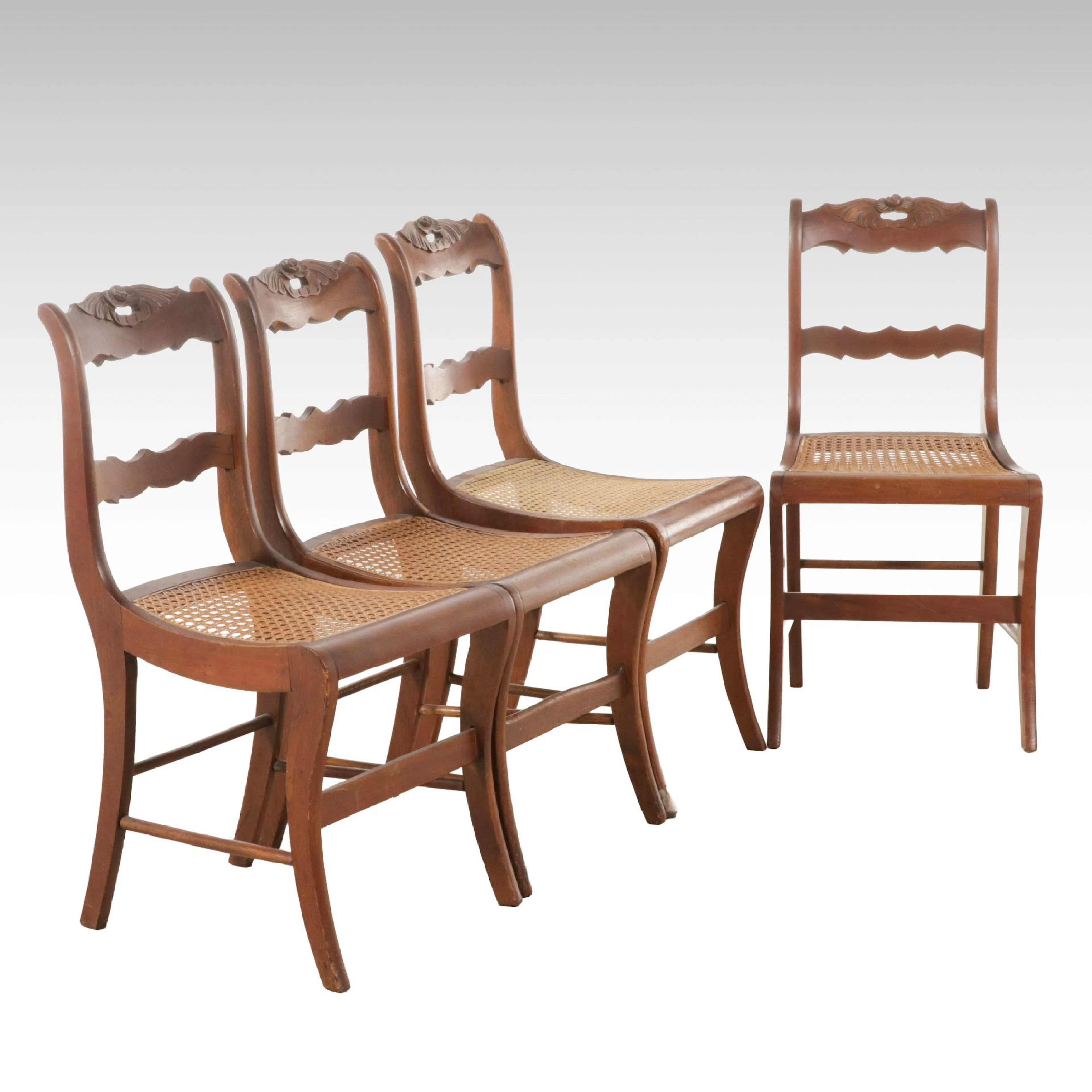 Set of Four Victorian Carved Walnut Dining Chairs with Caned Seats