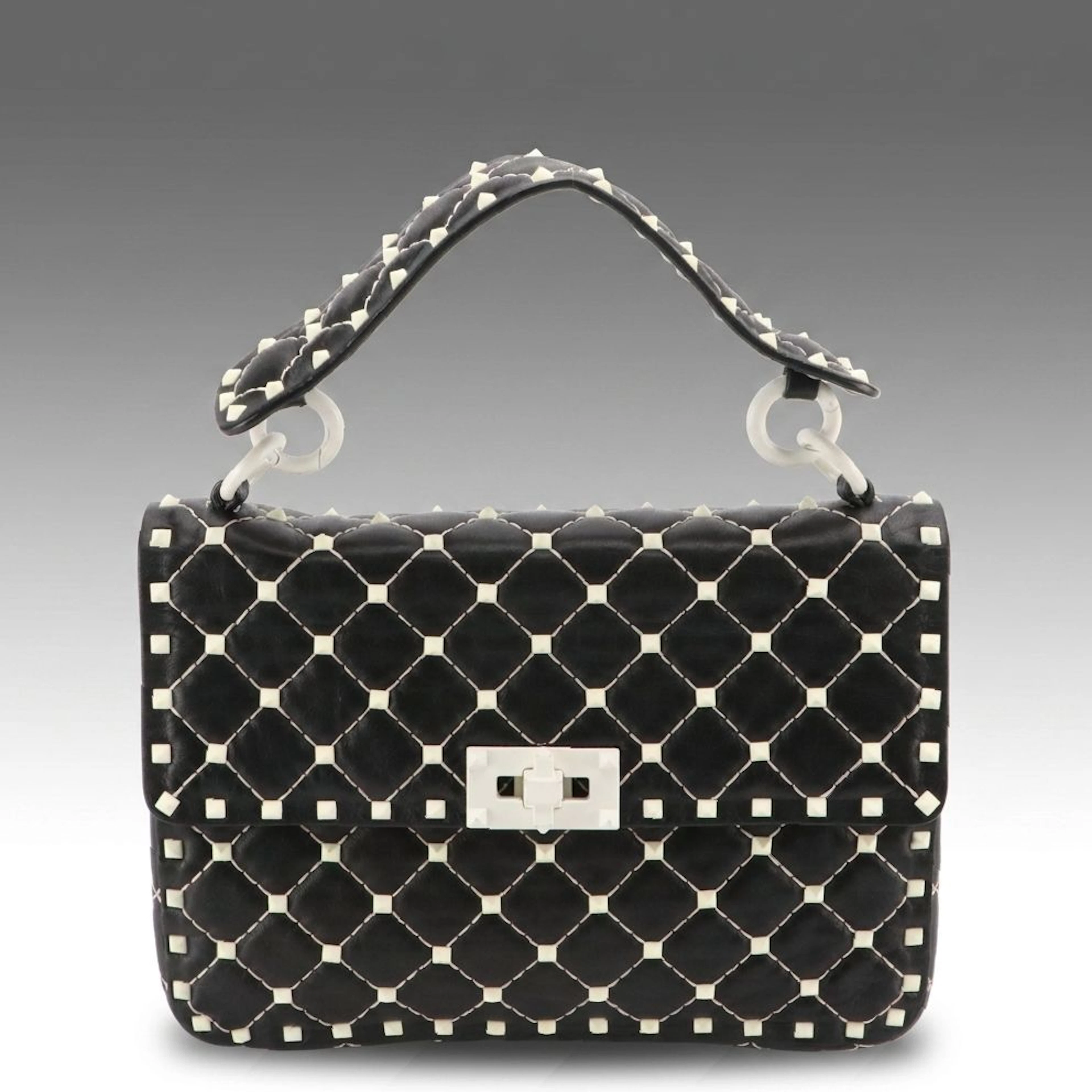 Valentino Garavani Rockstud Spike Bag in White Diamond Stitched Black Calfskin