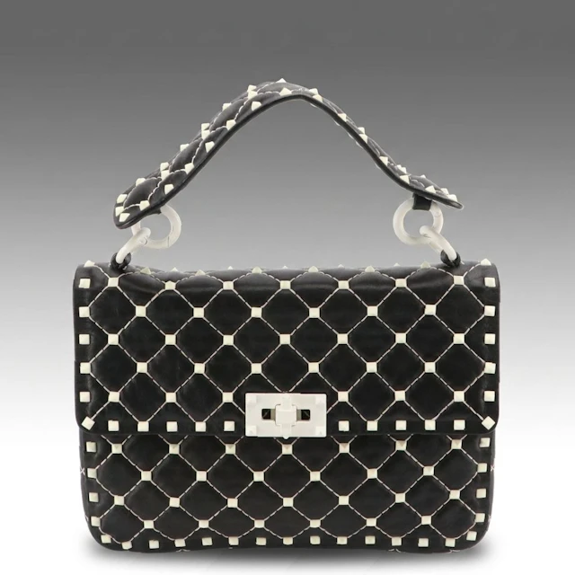 Valentino Garavani Rockstud Spike Bag in White Diamond Stitched Black Calfskin