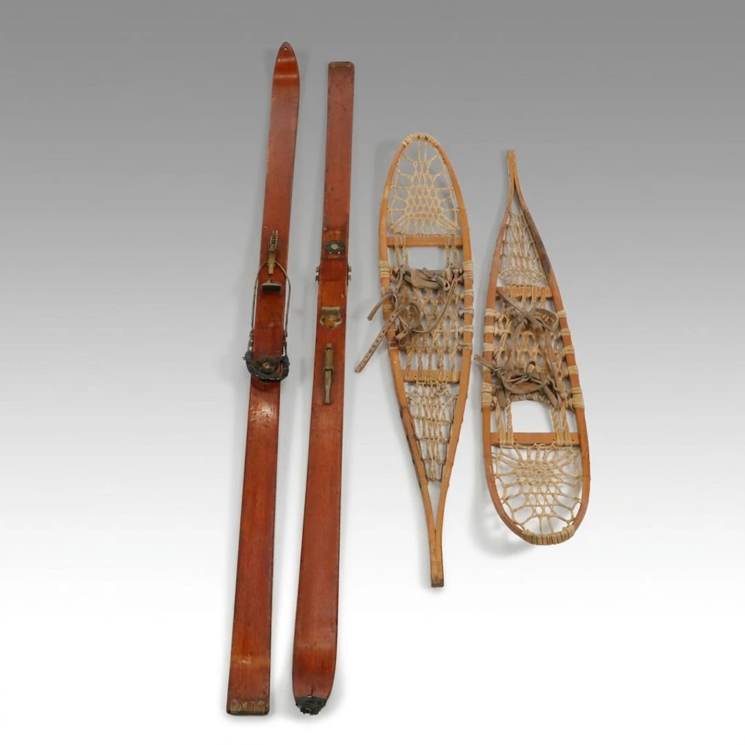 Snocraft Rawhide Snowshoes with Wooden Skis, Mid-20th Century