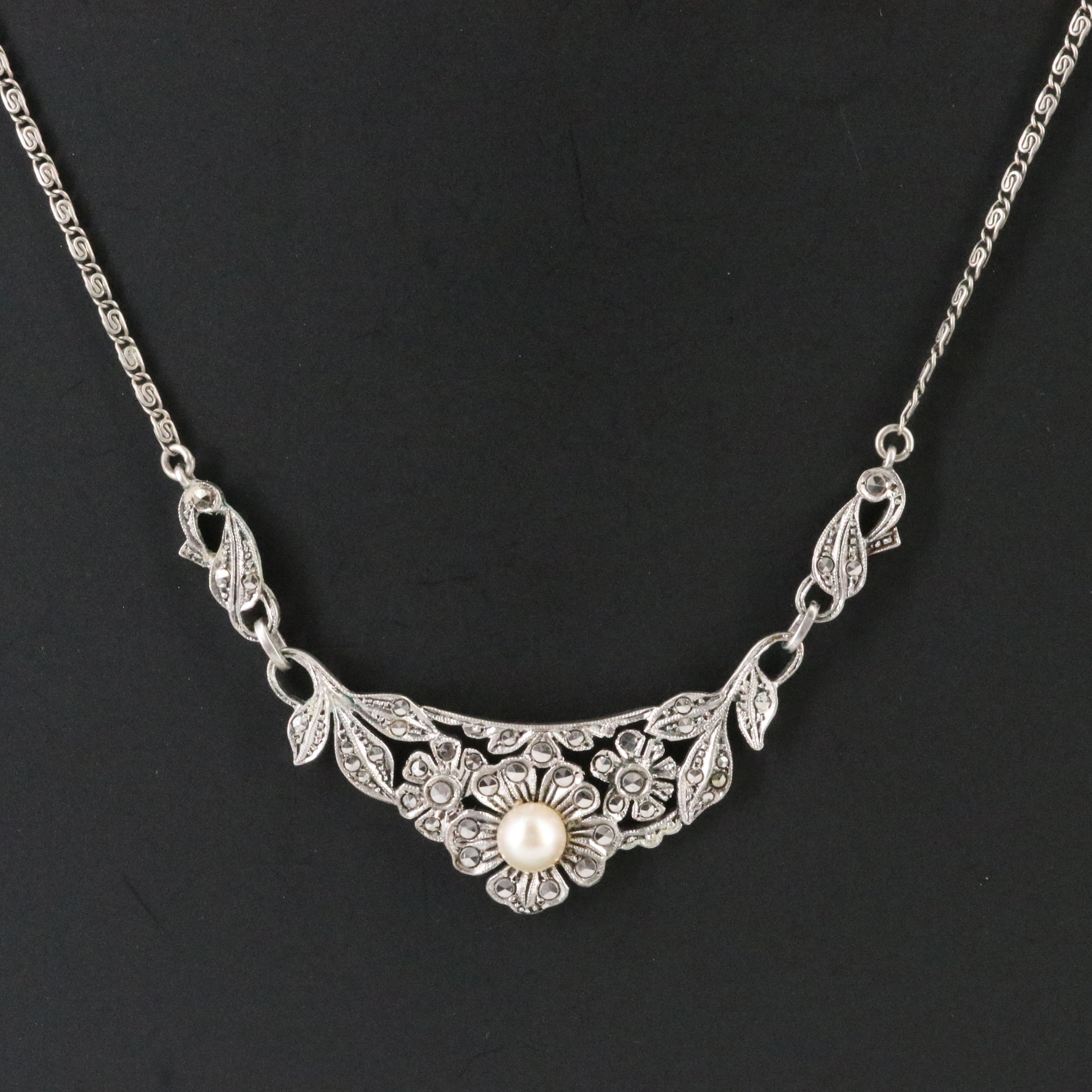 935 Silver Pearl and Cut Steel Necklace