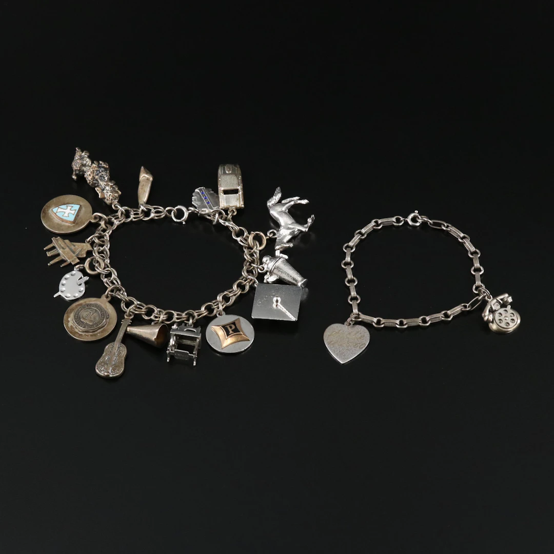 Vintage Sterling Charm Bracelets Featuring Devil in a Cocktail Shaker