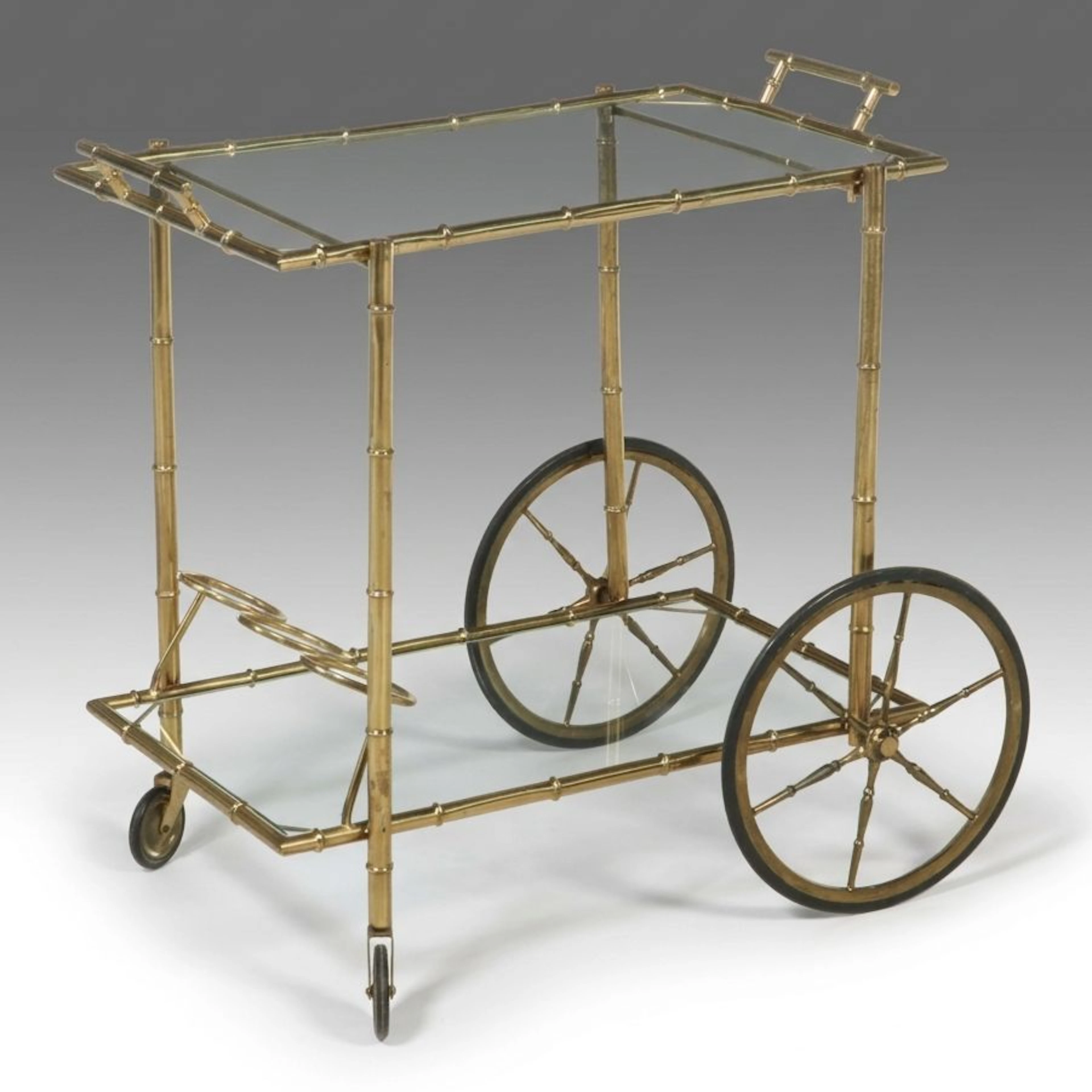 Hollywood Regency Style Faux Bamboo Brass Bar Cart, Mid to Late 20th Century