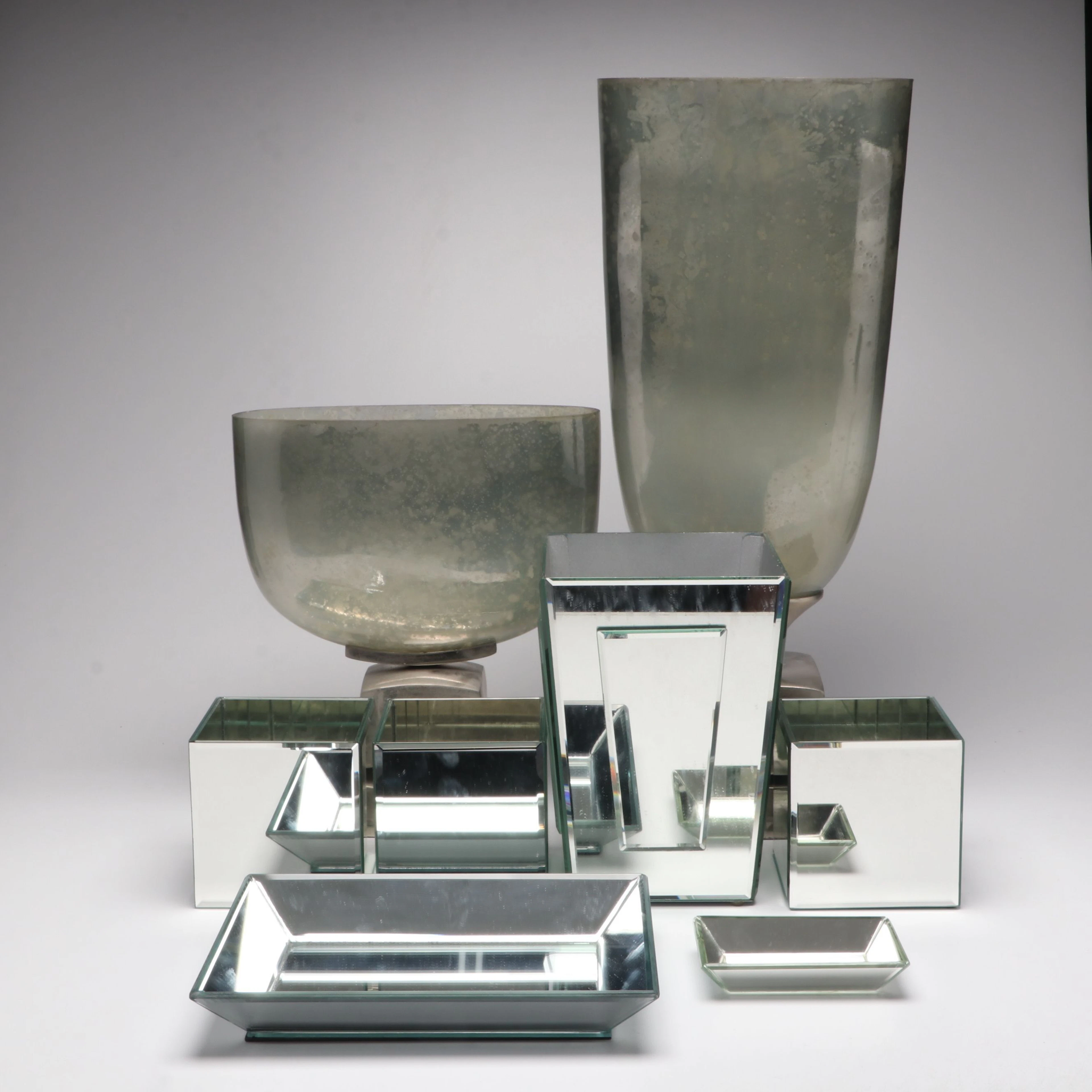 Mirrored Glass Boxes and Trays with Square Base Vases, Contemporary