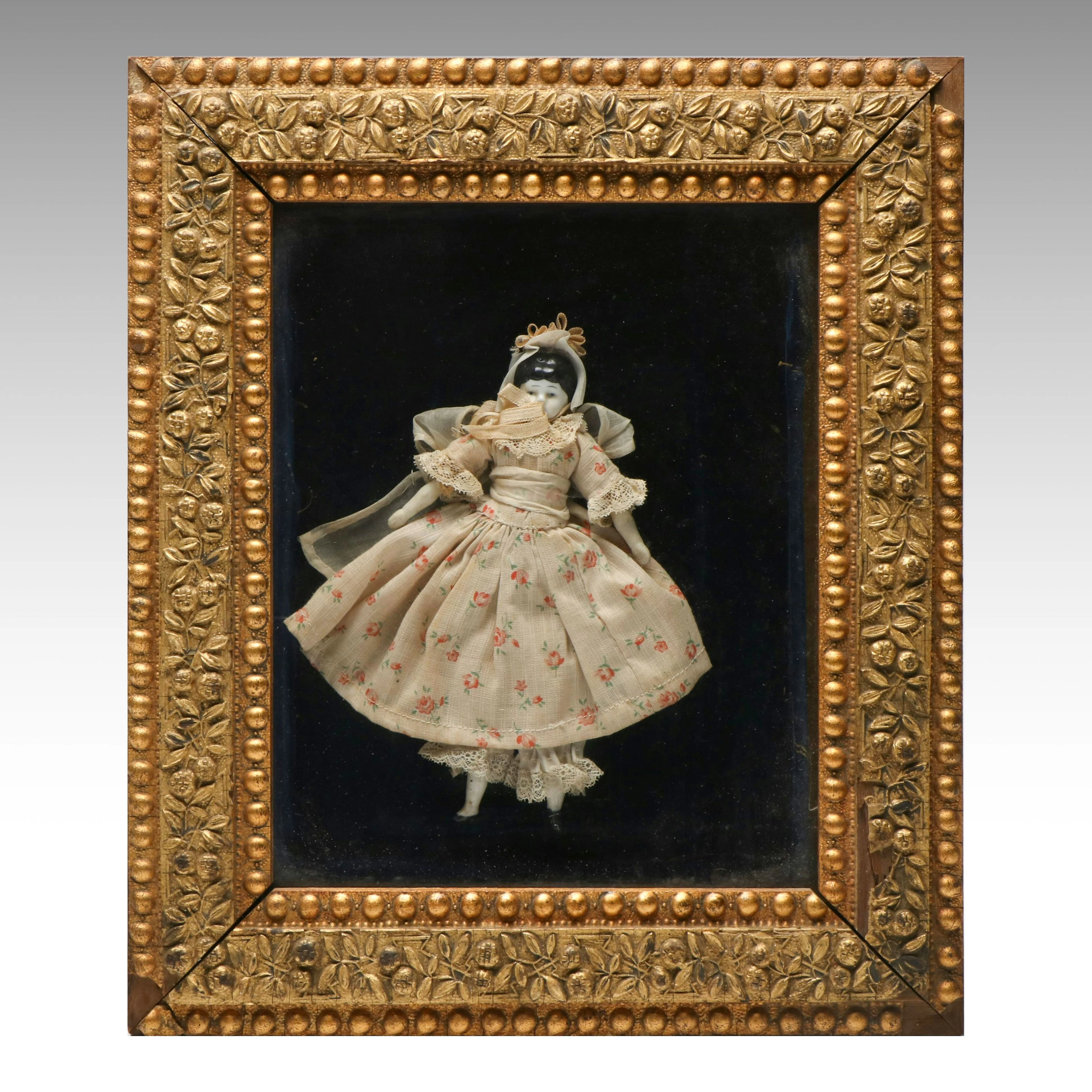 Hand-Painted Porcelain Doll in Victorian Giltwood Frame, Late 19th Century