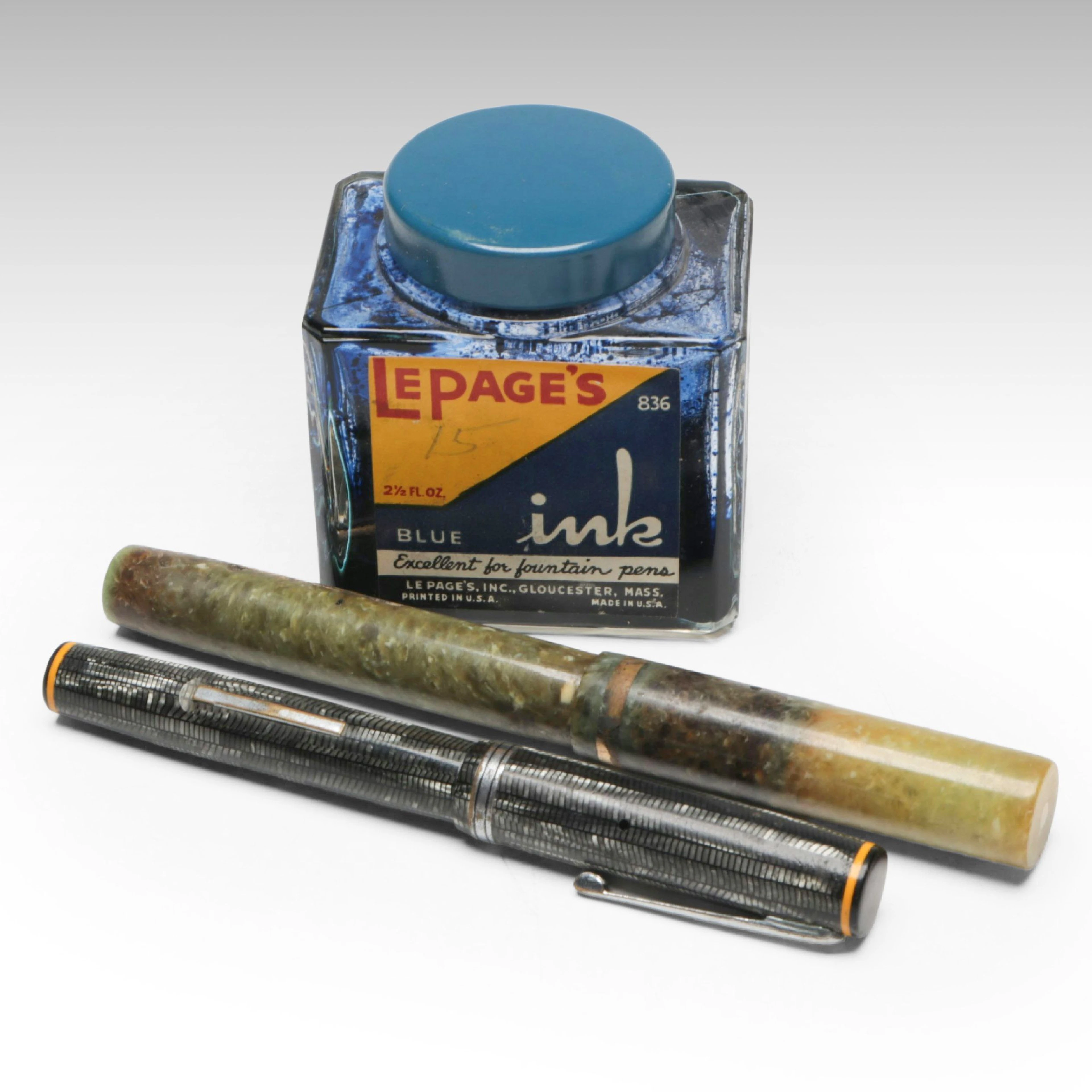Sheaffer's Lifetime and E. Faber Fountain Pens with LePage's Blue Ink Bottle