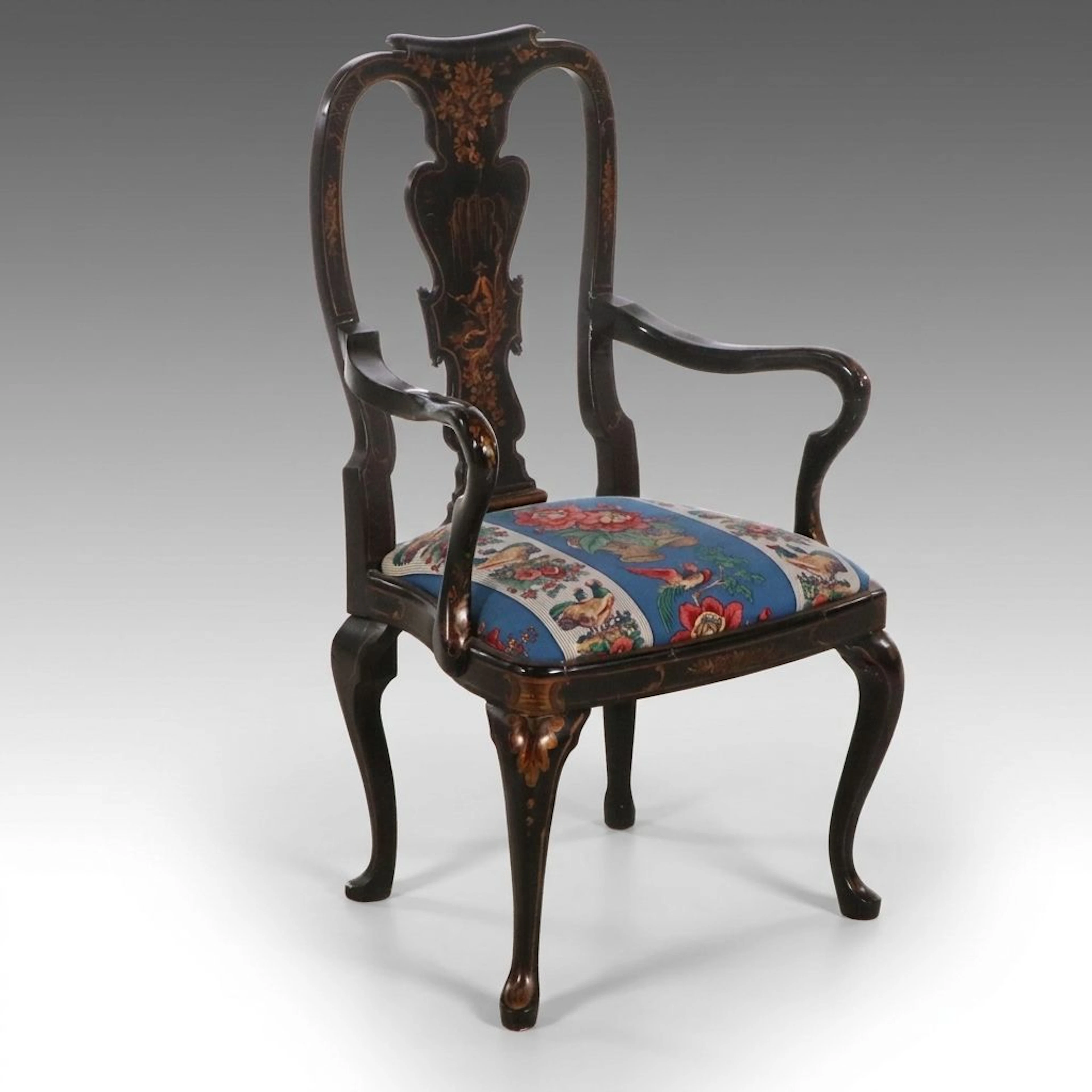 George II Style Black-Japanned and Gilt Armchair with Upholstered
