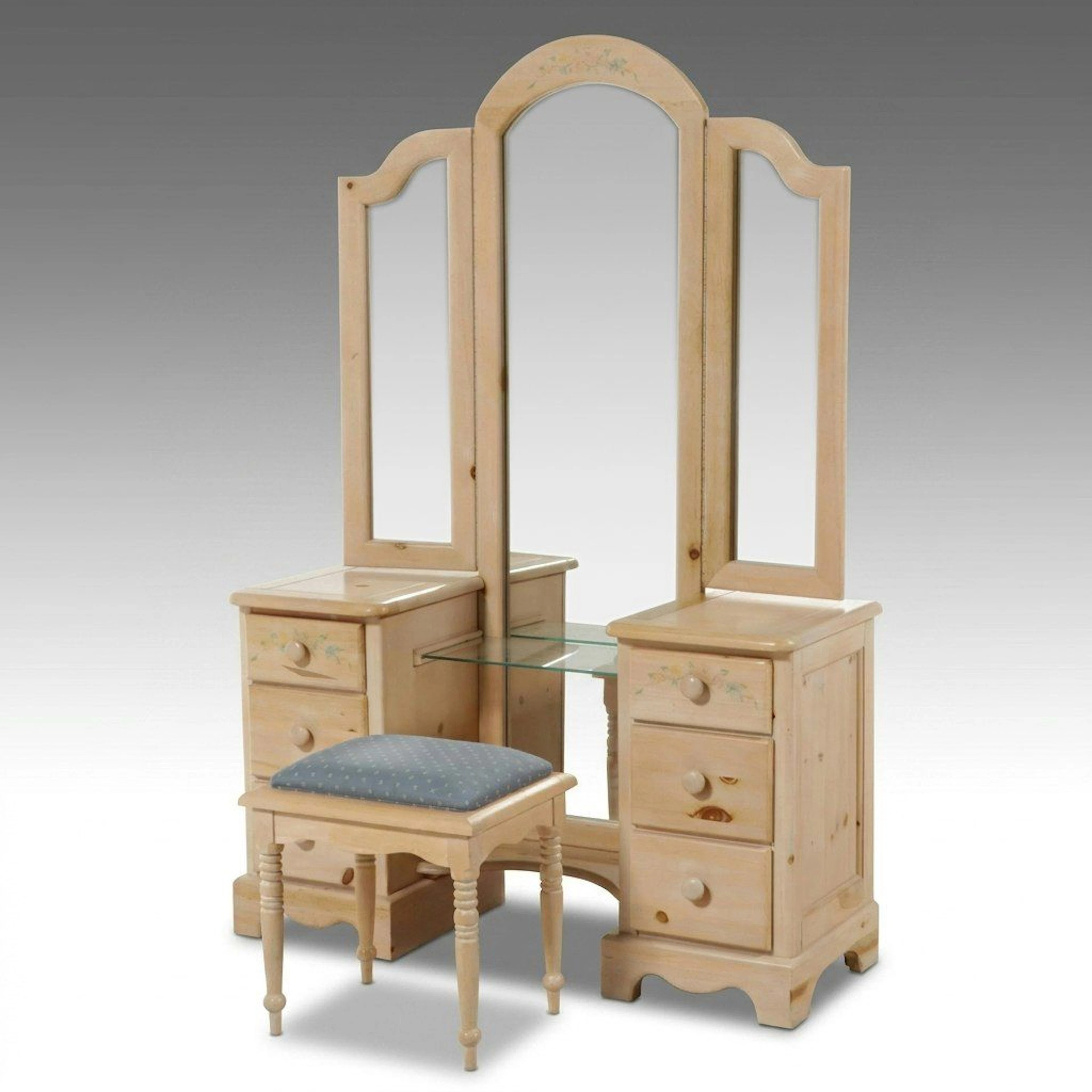 French Country Style Wooden Vanity Table with Tri-Fold Mirror and Stool