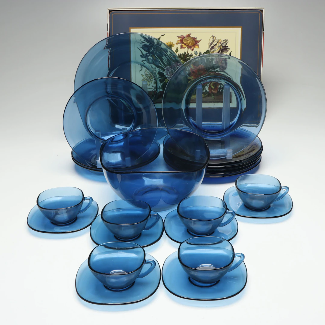 Vereco Blue Glass Dinnerware and Serving Pieces with Pimpernel Placemats