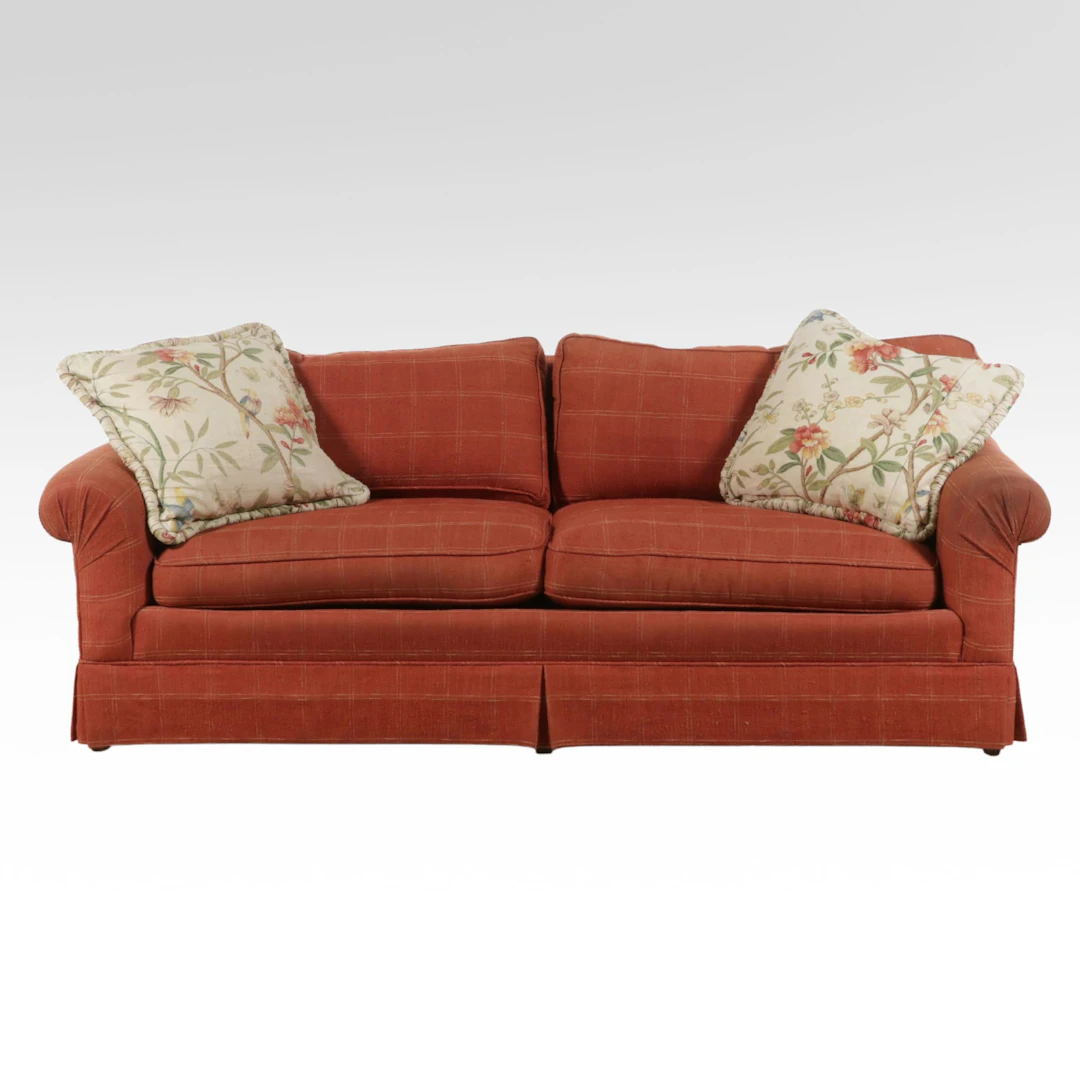 Red Plaid Upholstered Roll-Arm Sofa