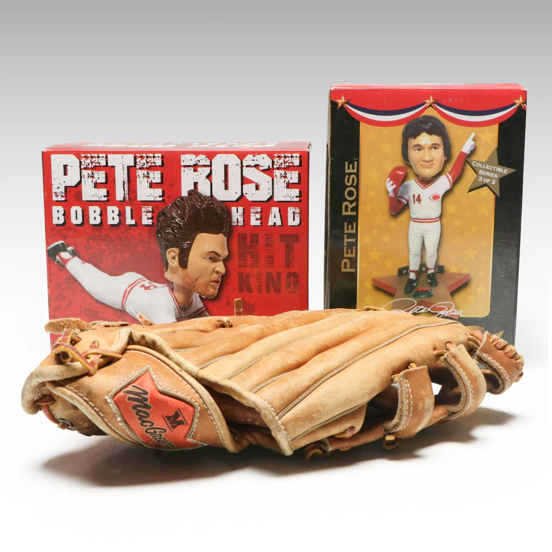 Two Pete Rose Bobbleheads, One Signed, and a Pete Rose Model Baseball Glove