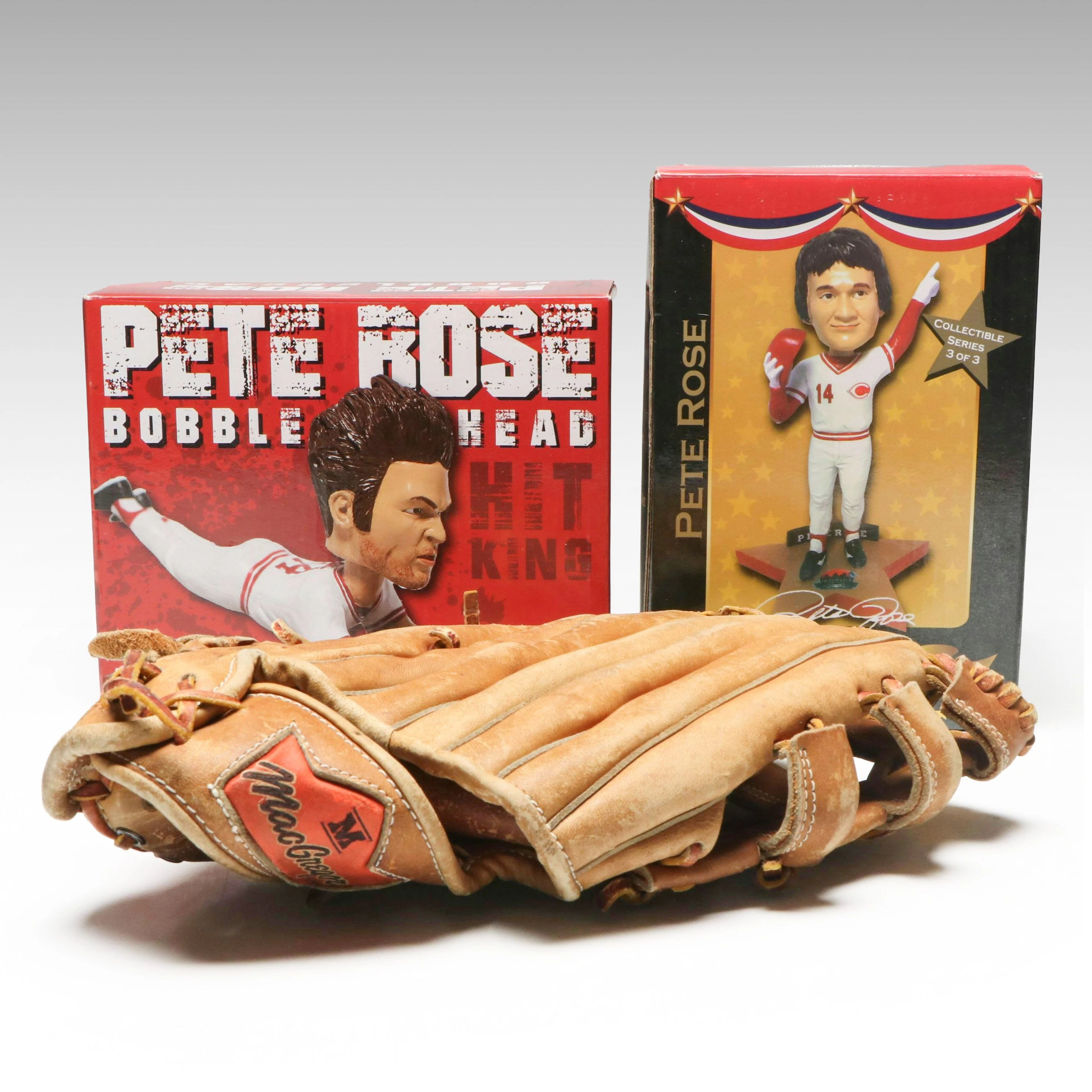 Two Pete Rose Bobbleheads, One Signed, and a Pete Rose Model Baseball Glove