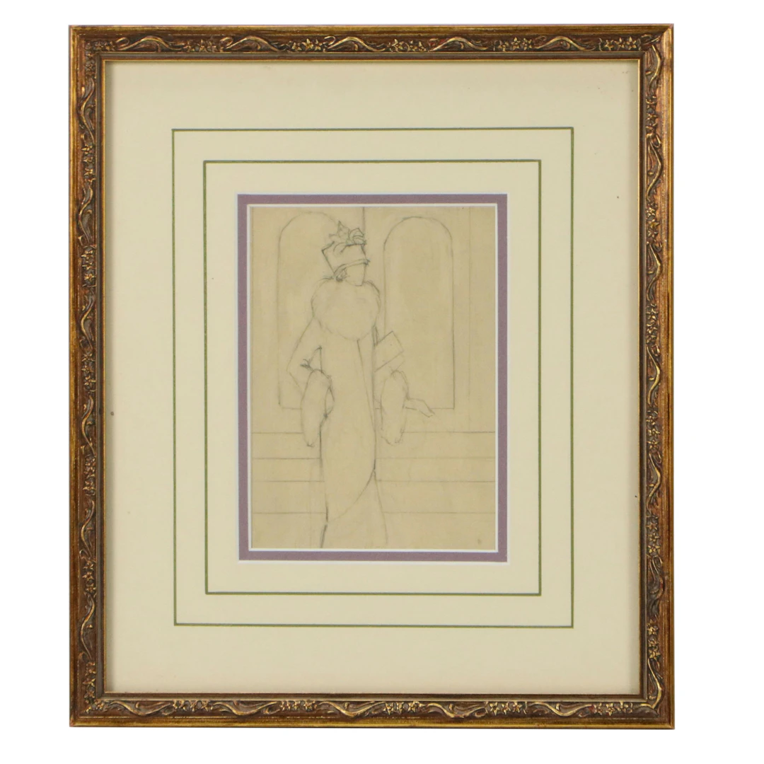 Graphite Sketch of Woman in Fashionable Evening Coat, 20th to 21st Century
