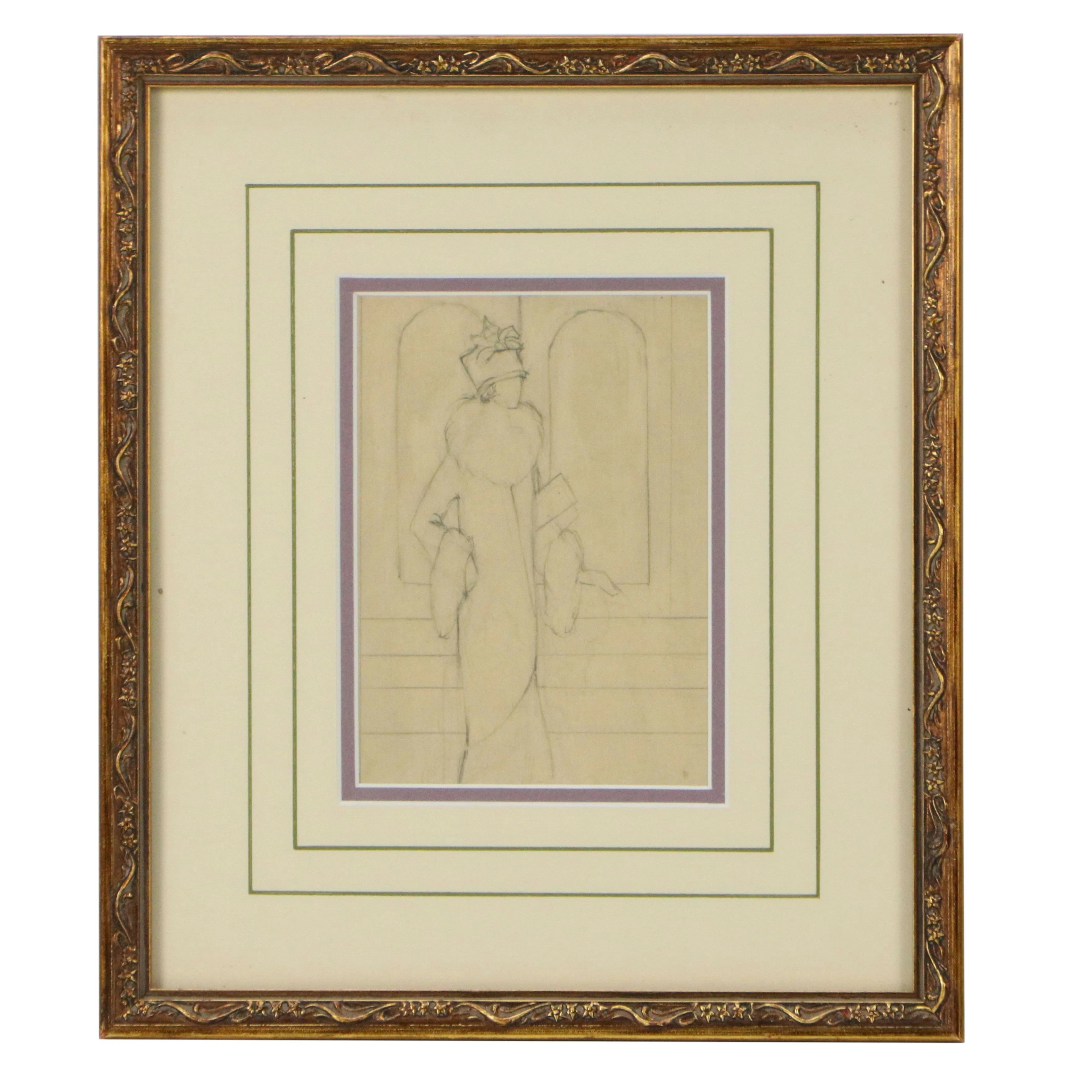 Graphite Sketch of Woman in Fashionable Evening Coat, 20th to 21st Century