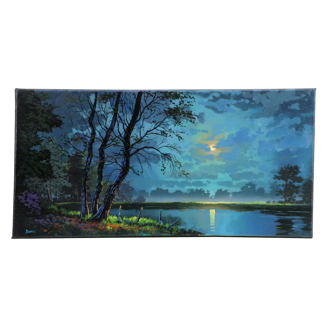 Douglas "Bumo" Johnpeer Acrylic Painting of Nocturne Lake Landscape, c. 2026