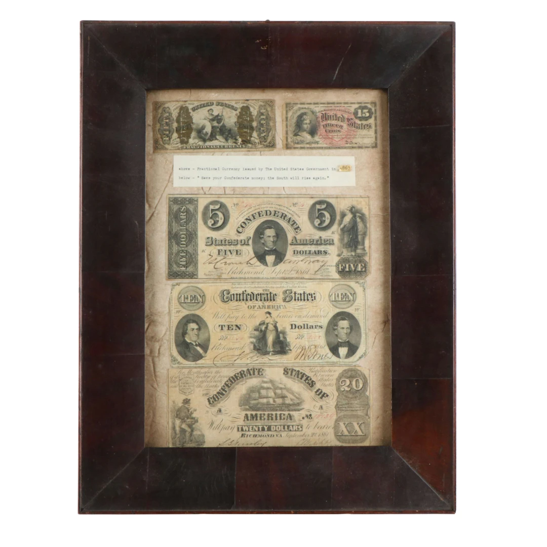 Framed Collection of Fractional Notes and Confederate Currency