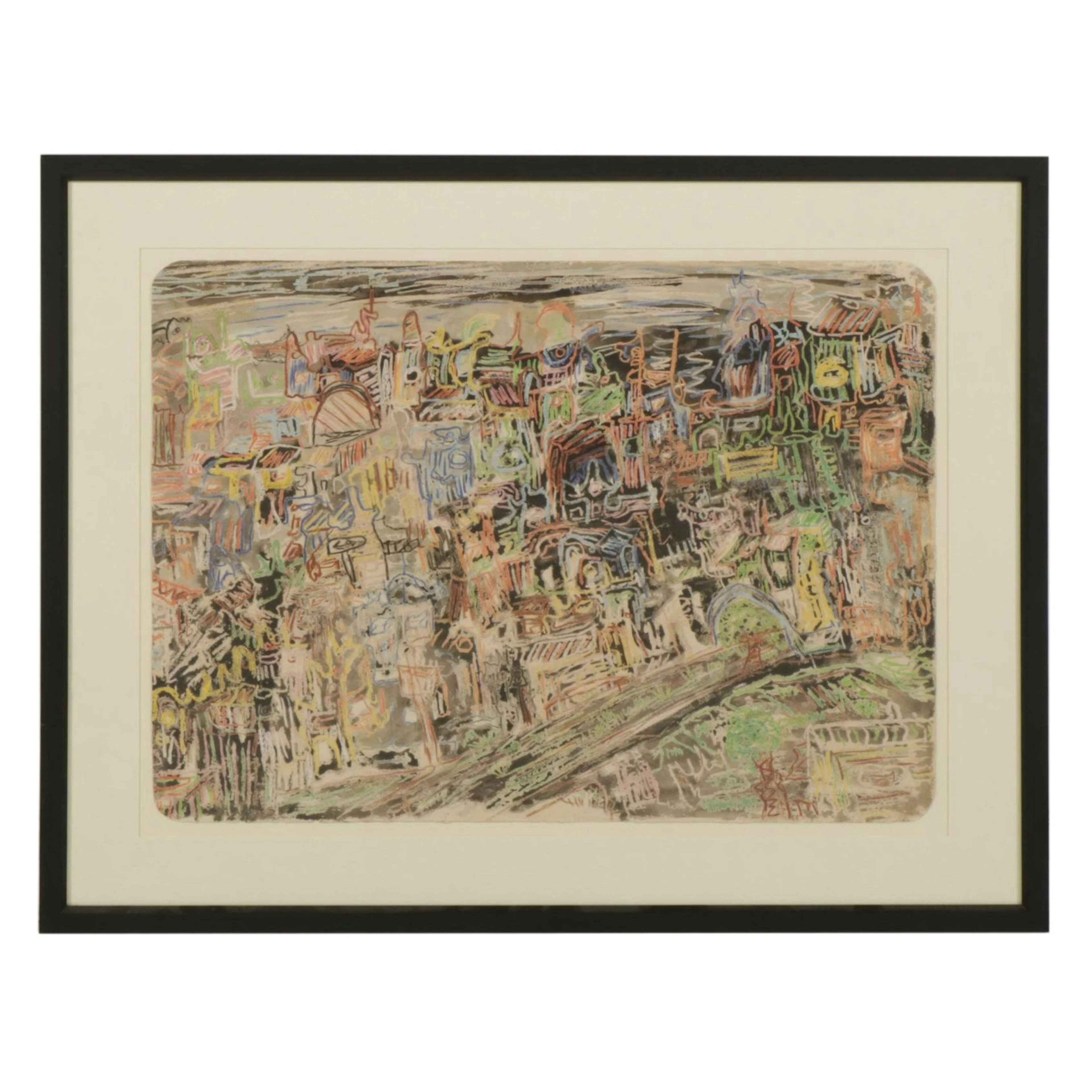 Stylized Modernist Cityscape Oil Pastel Drawing, 2000