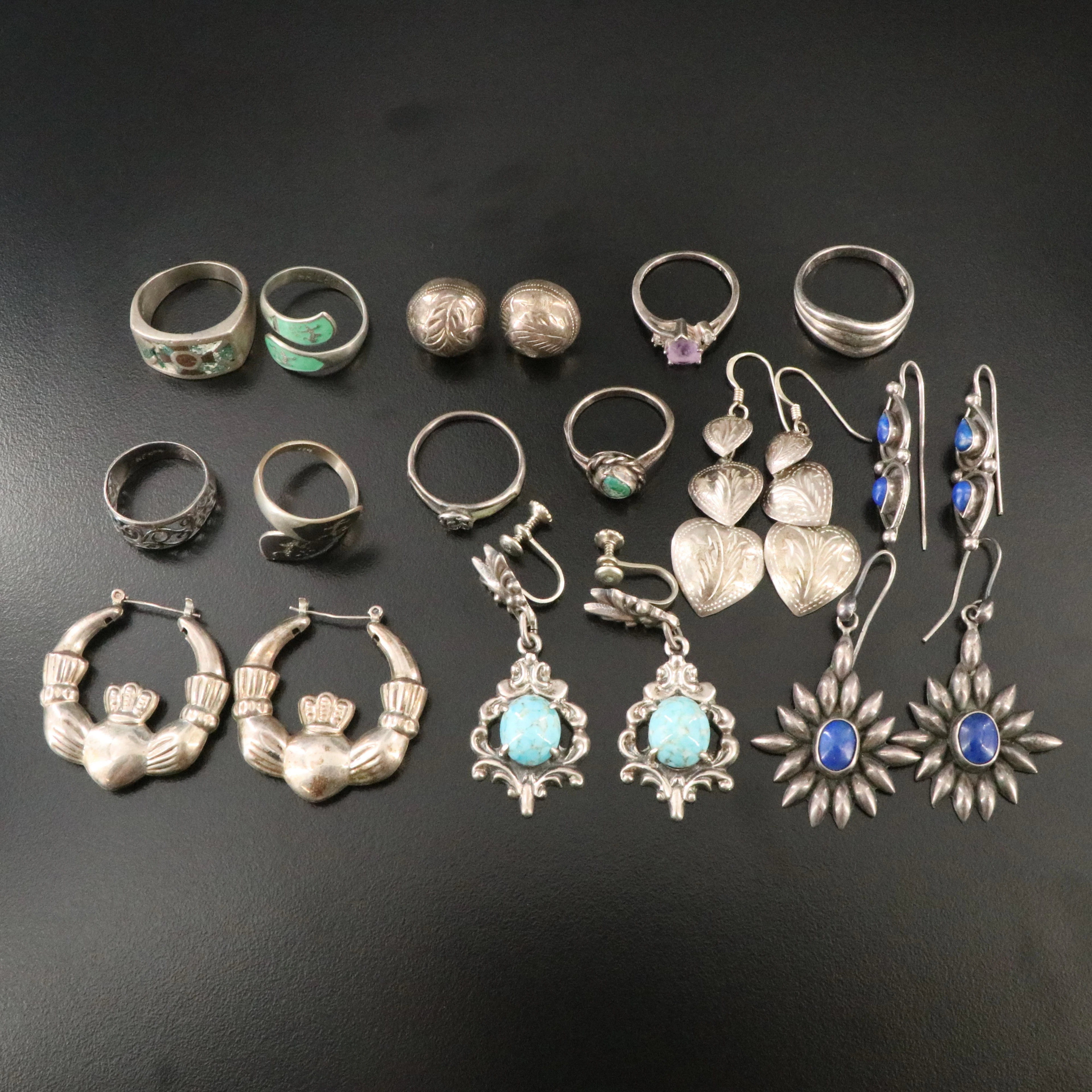 Sterling Earring and Ring Collection Featuring Lapis Lazuli and Turquoise