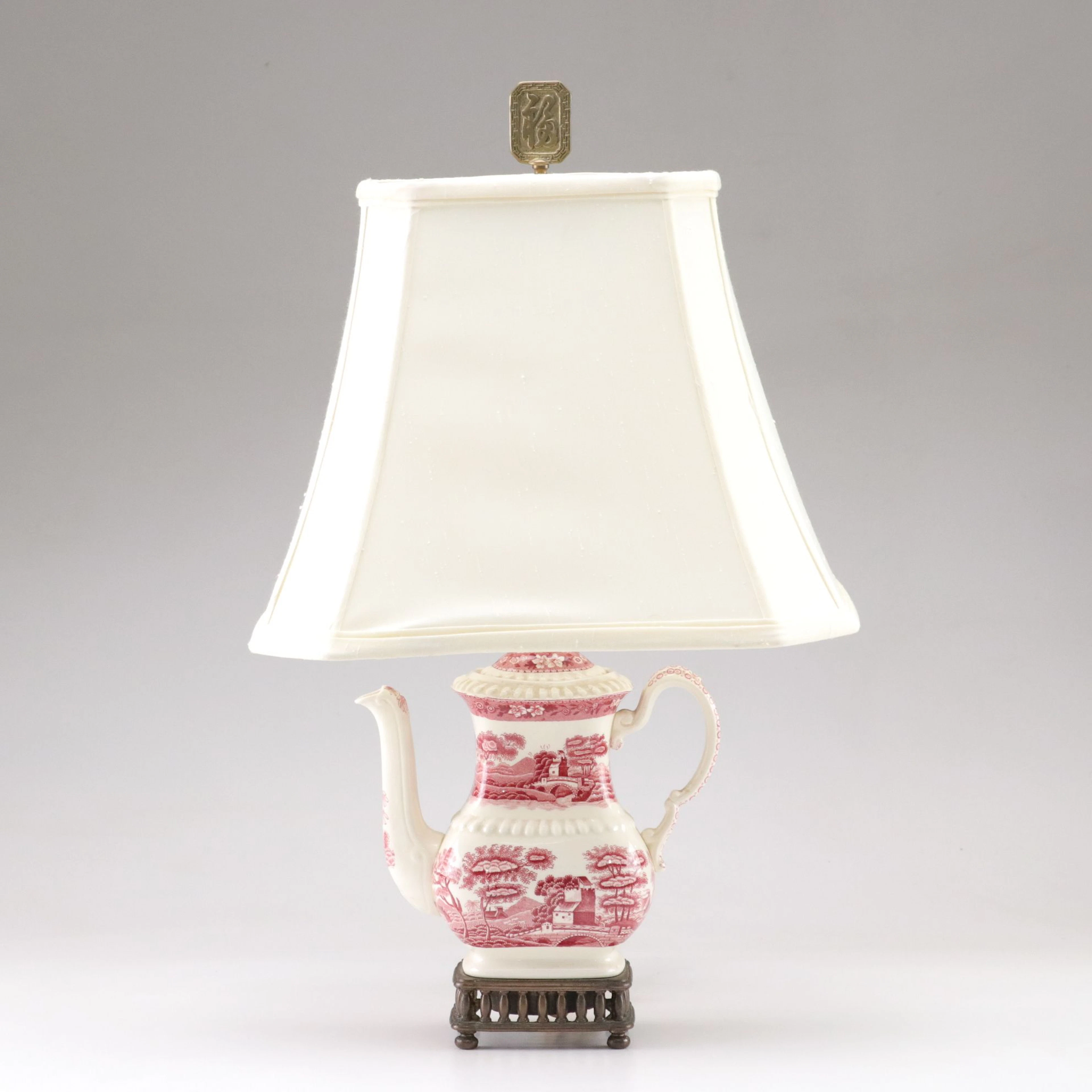 Spode "Tower" Red Transferware Coffee Pot Table Lamp with Silk Shade