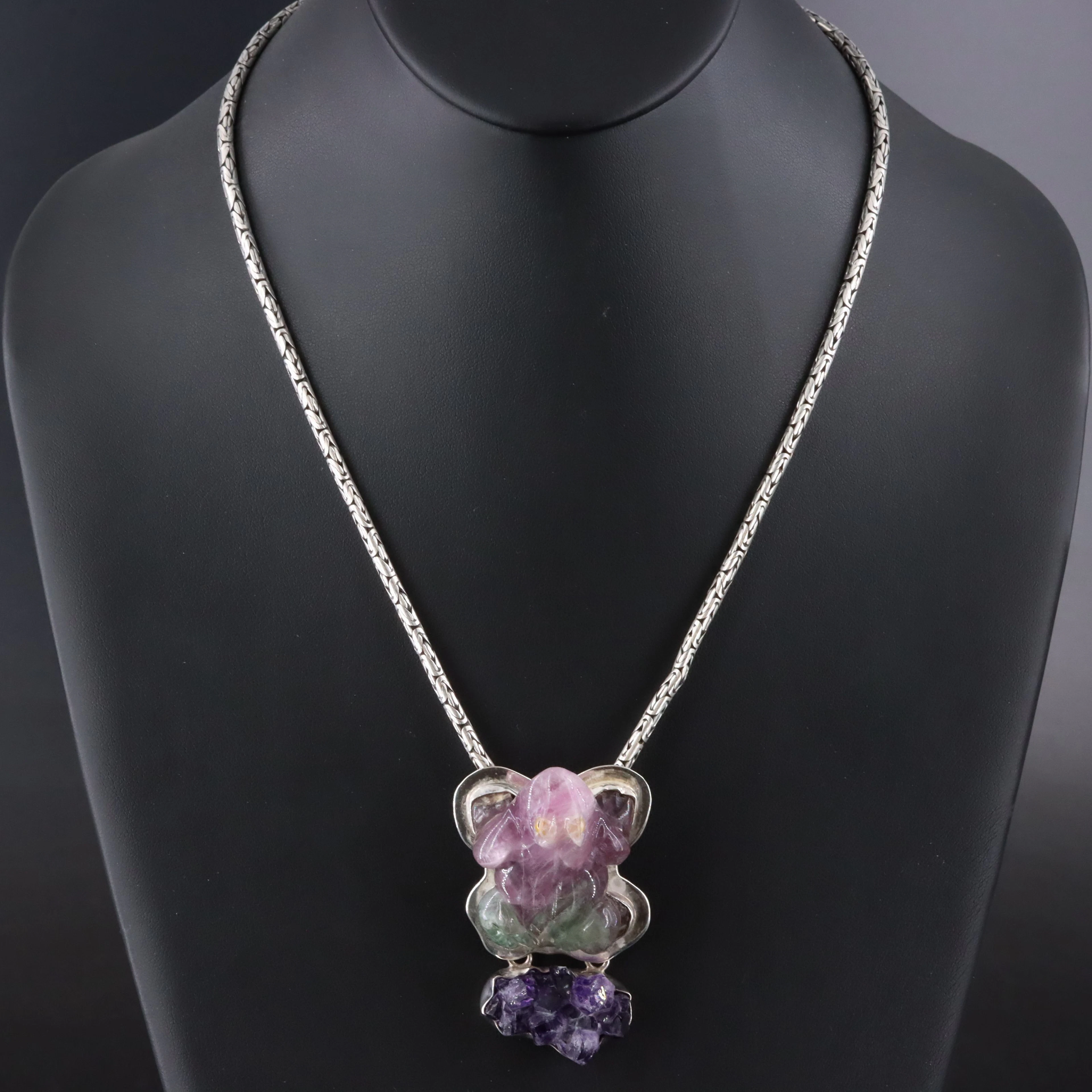 Sterling Fluorite Frog and Druzy Converter Pendant Necklace