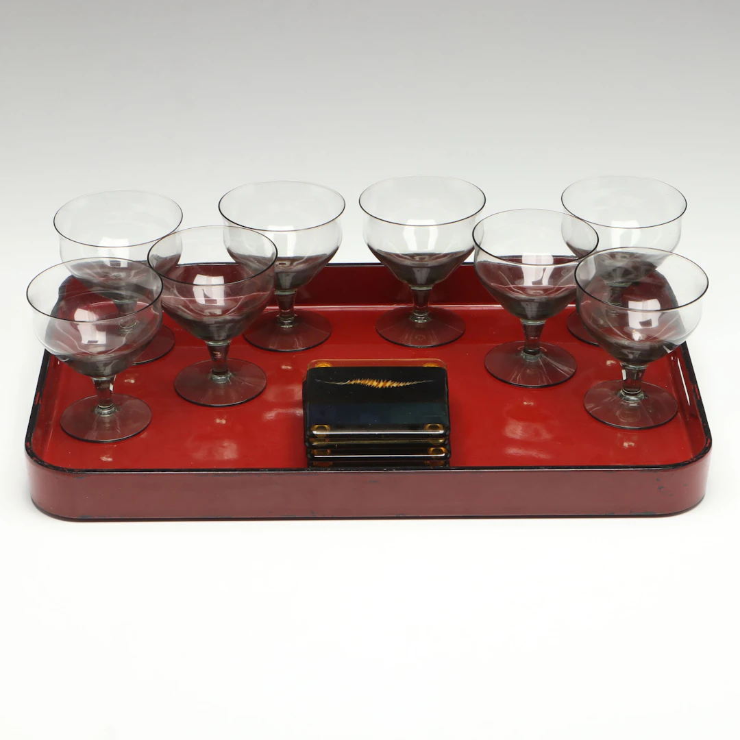 Denby "Olympia Grey" Champagne Coupes, Red Serving Tray and Coasters