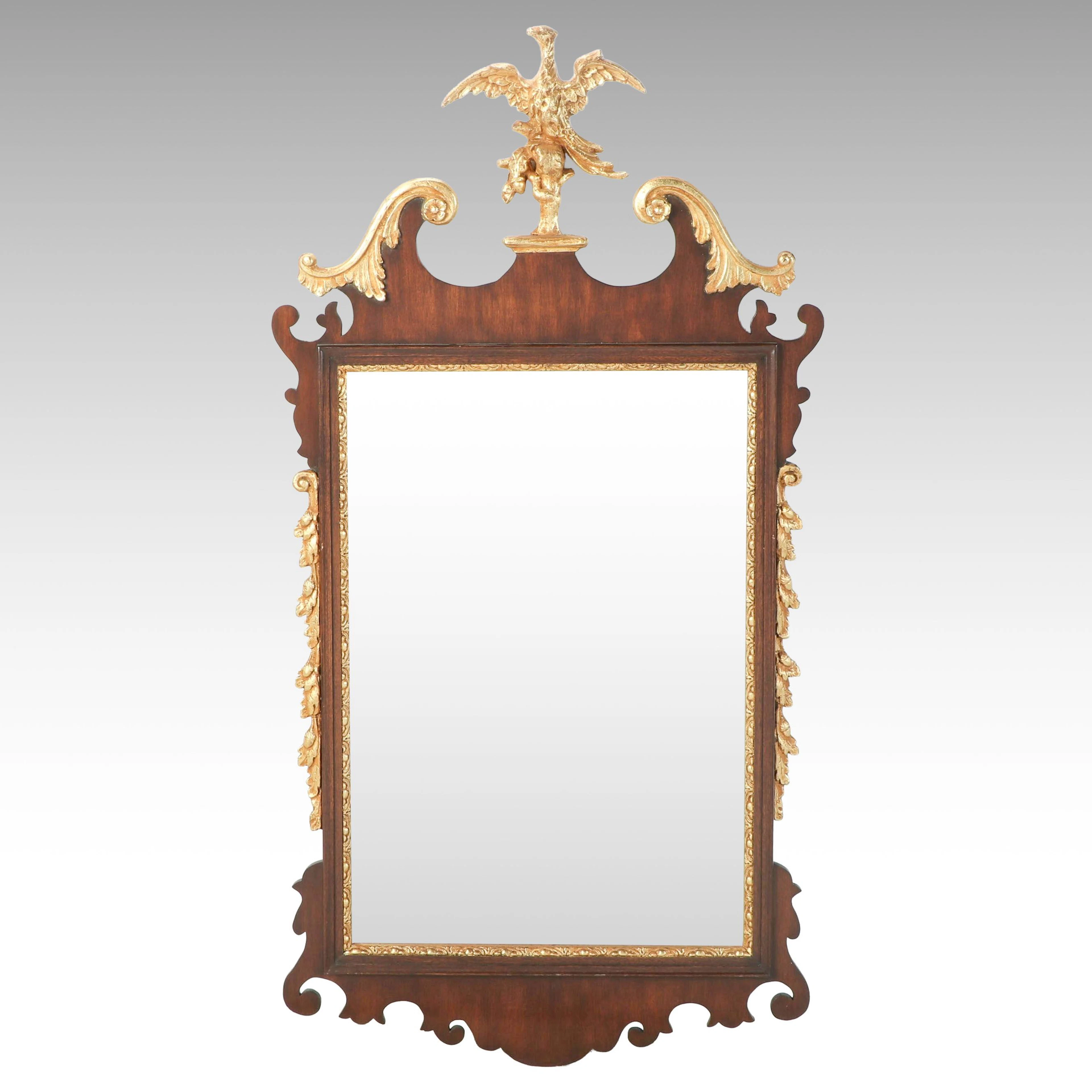 Chippendale Style Gilt Decorated Wood Wall Mirror with Hoho Bird Finial