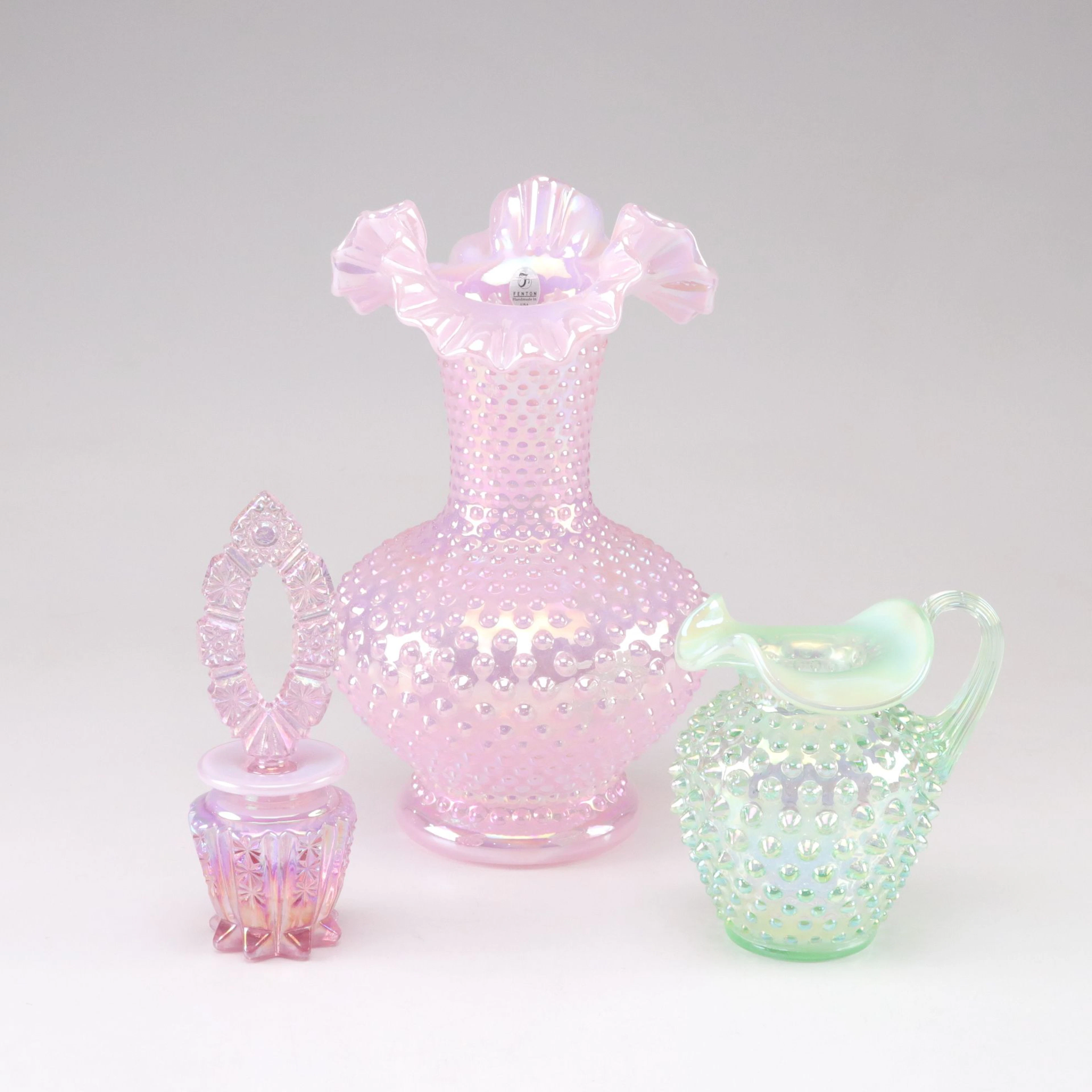 Fenton Opalescent Glass Hobnail Vase and Small Pitcher with Daisy