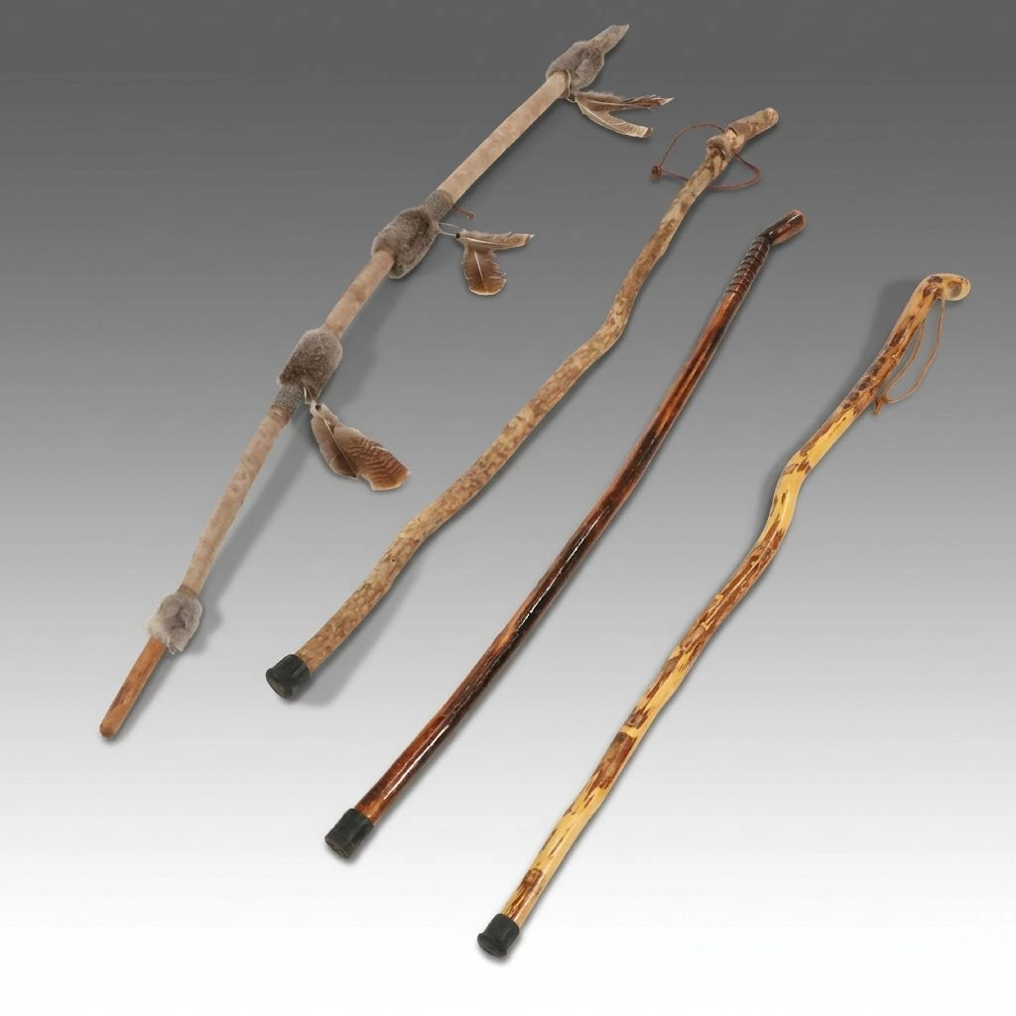 Indigenous Style Fur and Feather Staff with Other Wooden Canes