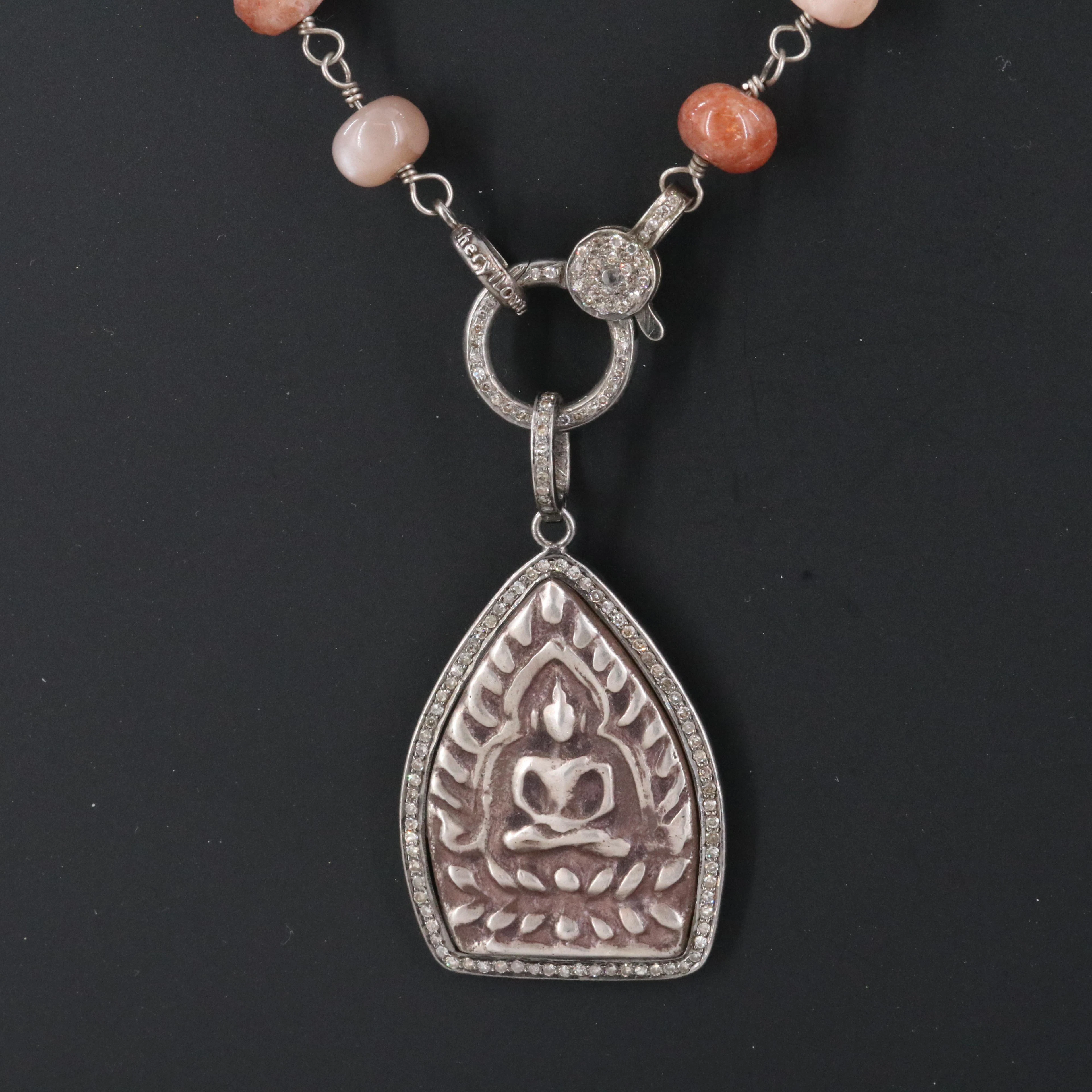 Sheryl Lowe Sterling Pink Opal, Sunstone and Diamond Necklace and Pendant