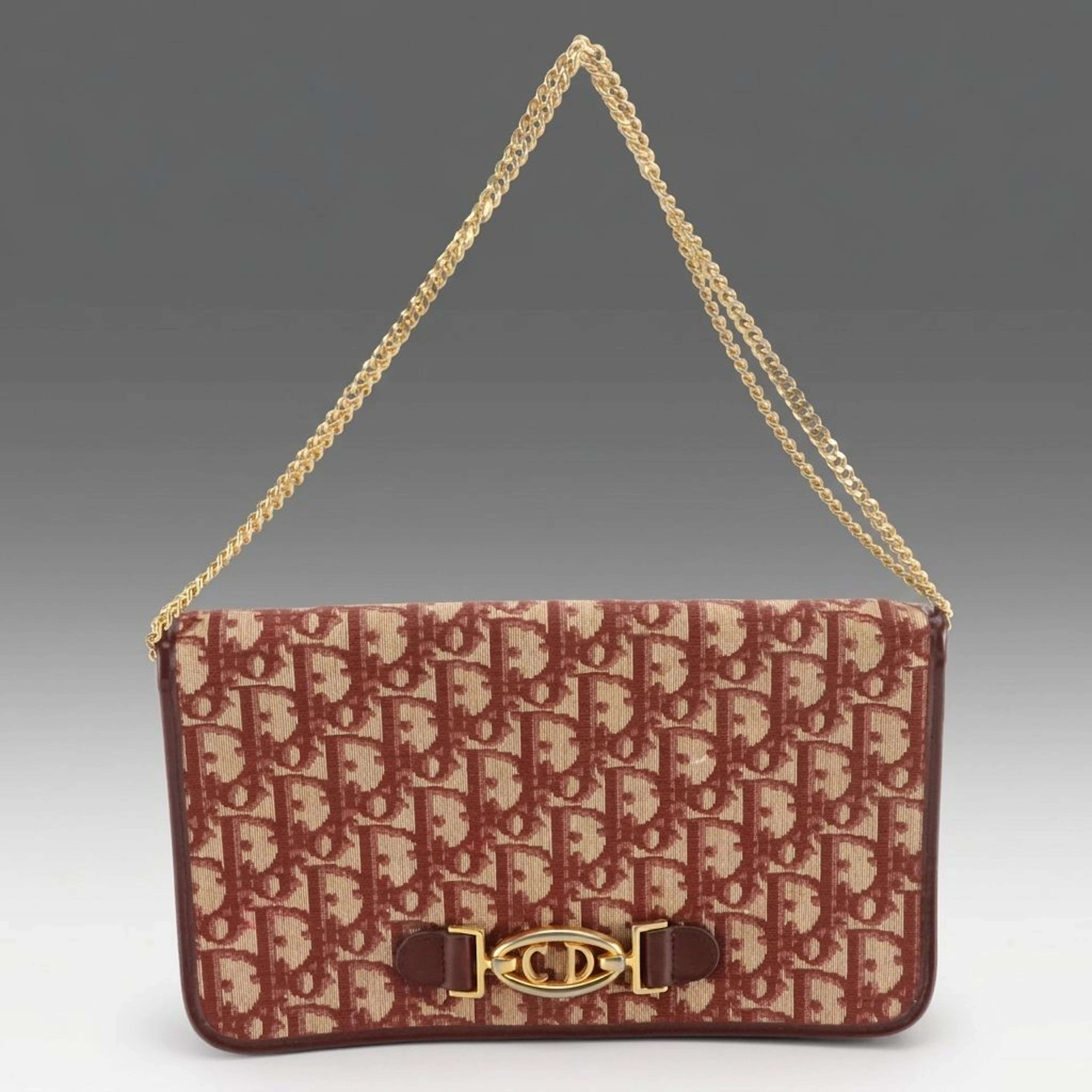 Christian Dior Flap Chain Shoulder Bag Burgundy Monogram Trotter Canvas Leather