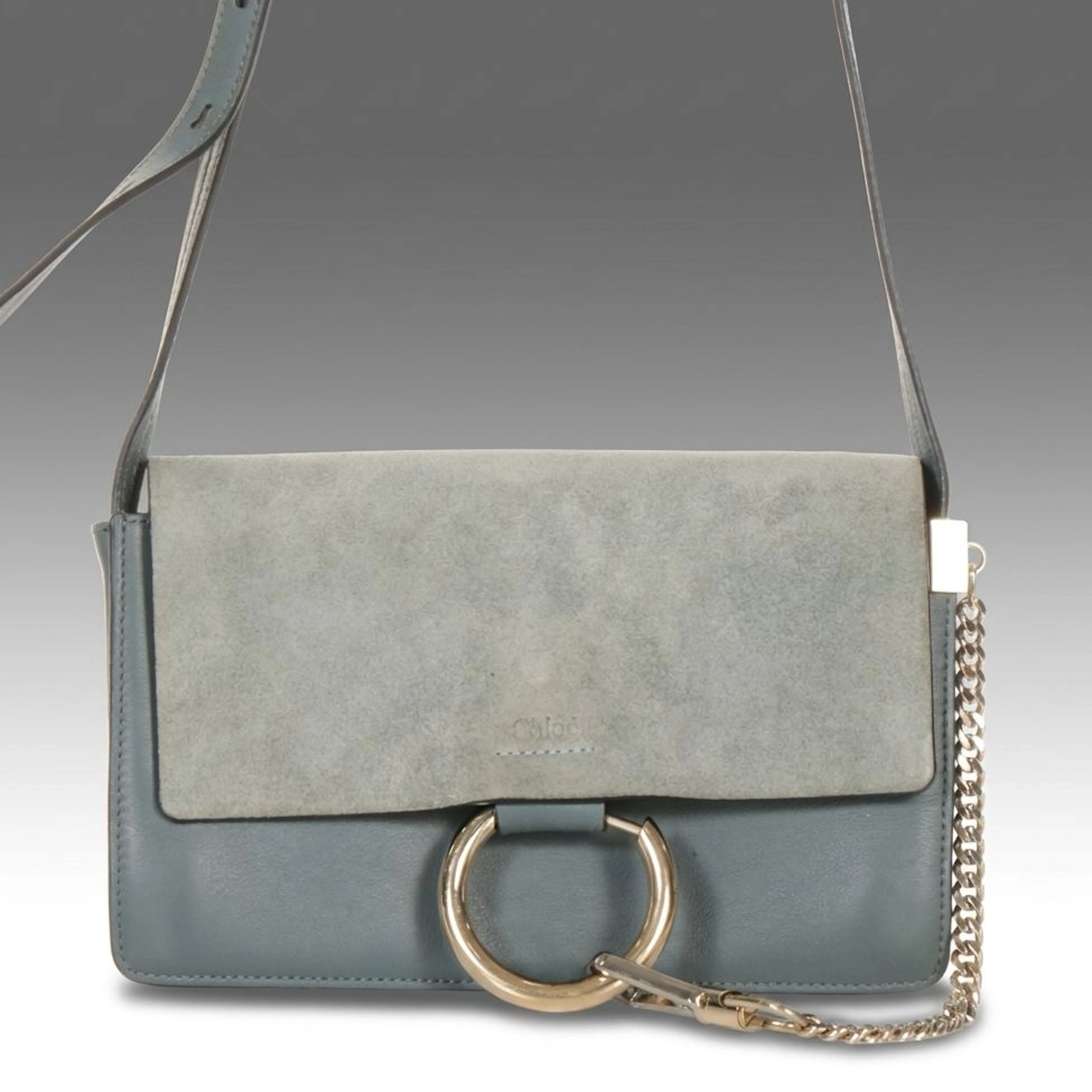 Chloé Small Faye Crossbody Bag in Cloudy Blue Calfskin Leather and Suede
