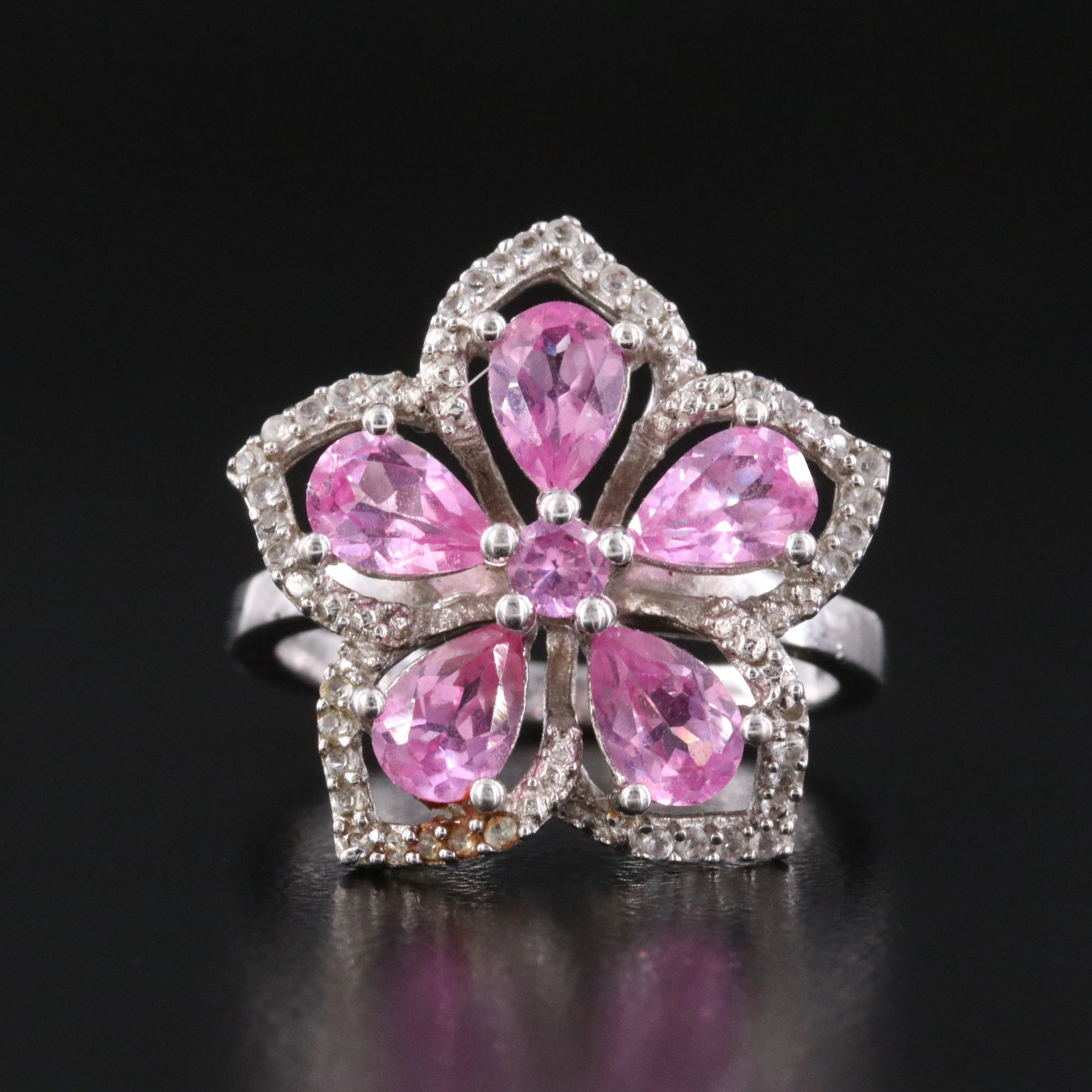 Sterling Pink and White Sapphire Flower Ring